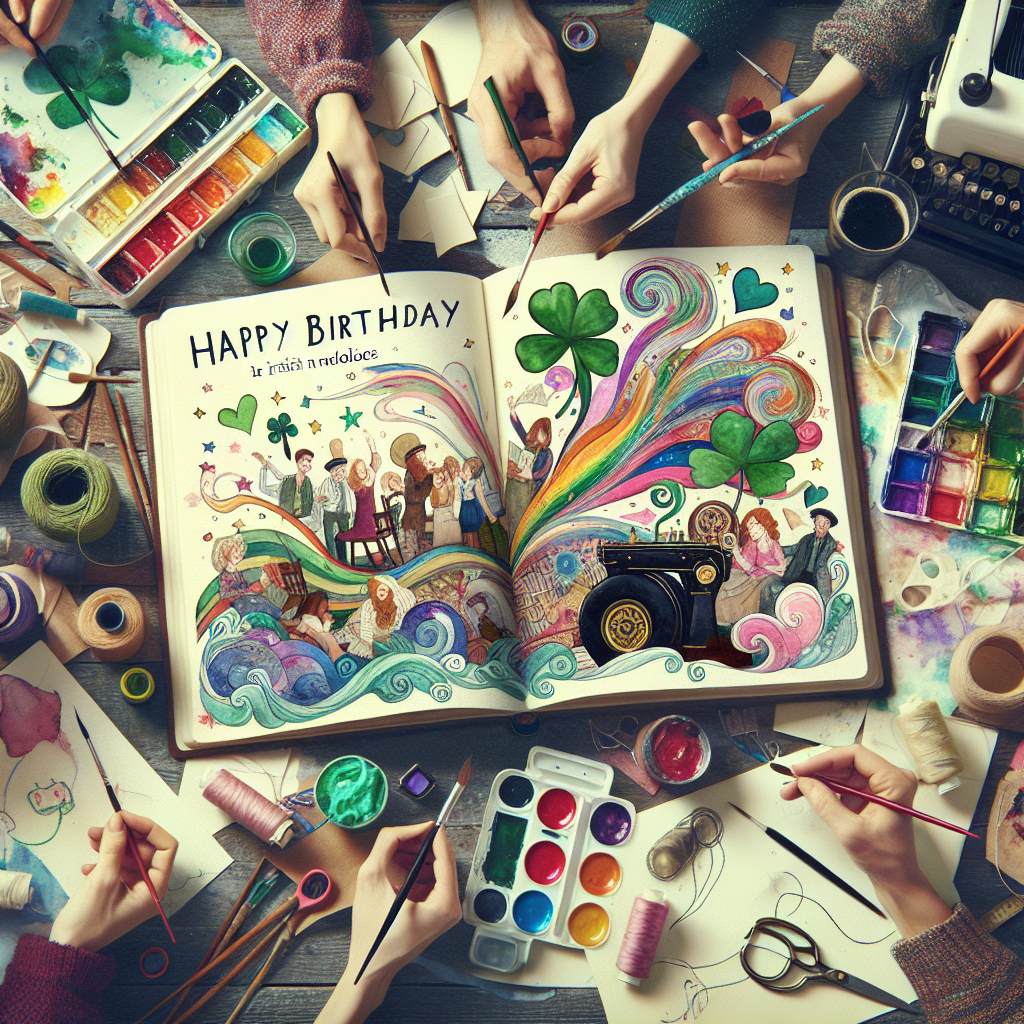 Generate an image depicting a heartwarming birthday celebration scene inspired by Irish melodies. It features a diverse group of friends gathered around a craft table laden with watercolor paints, brushes, and an open art journal filled with abstract designs representing dreams and memories. Sewing materials such as needles and threads are scattered around, symbolizing the creation of handmade gifts with love. The atmosphere of the scene is brought together by the charm of an Irish tune, establishing a harmonious fusion of the artistic elements.
Generated with these themes: Irish music, Sewing, Watercolour painting , and Art journal.
Made with ❤️ by AI.