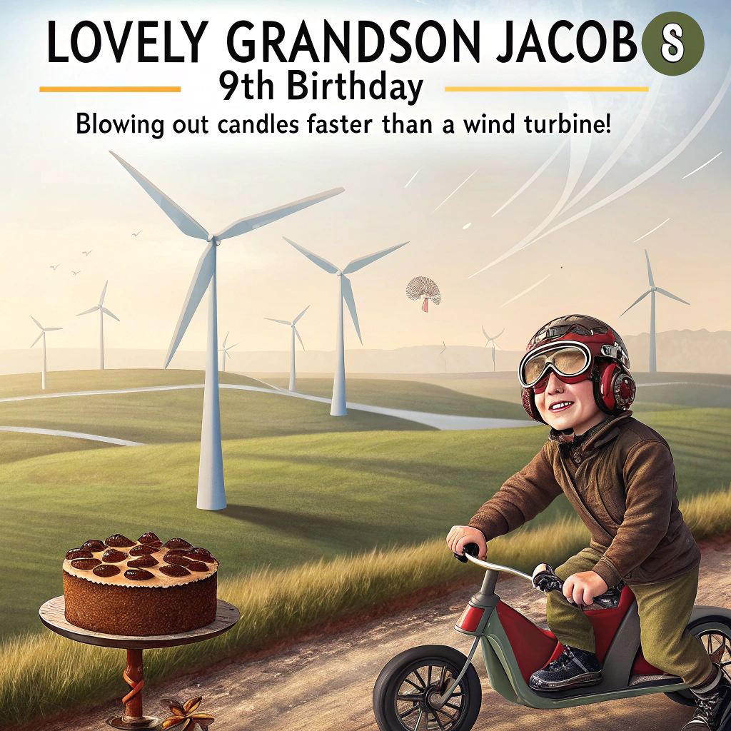At the top of the image, "Lovely Grandson Jacob’s 9th Birthday – Blowing out candles faster than a wind turbine in a hurricane!"

- The image shows a hilarious realistic photograph of a vast countryside field dotted with giant wind turbines spinning rapidly. In the foreground, a boy (representing Jacob) wearing oversized aviator goggles and holding a slice of cake is riding a tricycle that's been absurdly modified with mini wind turbines spinning madly on all sides.
- The cake on the tricycle’s basket has birthday candles that keep re-lighting themselves due to the wind gusts from the turbines.
- A confused-looking sheep nearby wears a party hat, and one wind turbine has a giant party blower attached to a blade, fluttering every time it spins.
- In the background, there's a banner between two turbines that reads, “Watt a Birthday!” fluttering dramatically in the breeze.
Generated with these themes: Wind turbines , and .
Made with ❤️ by AI.