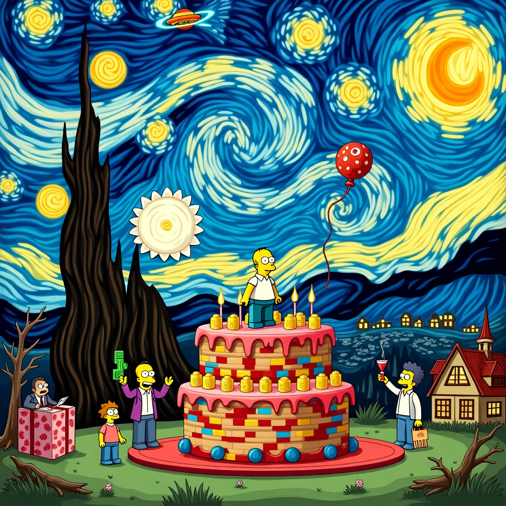 Imagine a vibrant and eccentric birthday scene filled with a delightful mishmash of pop culture references and artistic styles. The backdrop is a playful fusion of Van Gogh’s swirling "Starry Night" sky, painted in rich blues and yellows, casting an ethereal glow over the entire scene. Nestled within this celestial tapestry, you see the towering, mysterious Twin Peaks, their tops enshrouded in mist and mystery.

In the foreground, an oversized LEGO birthday cake is assembled with colorful blocks, its top adorned with candles made from yellow LEGOs. Homer Simpson, with his signature bewildered expression, stands on top of the cake holding a donut, which he appears to be offering to Dali's melting clock draped over the cake’s edge.

To the left, Rick and Morty are depicted in a state of chaotic adventure. Rick holds a green portal gun, its luminous trail swirling into the starry sky, while Morty clutches a floating birthday balloon shaped like a UFO. Nearby, Archer, impeccably dressed in a suit, seems to be having a secretive conversation with Princess Bean from Disenchantment, who is holding a goblet of ale.

Incorporating elements of horror, a shadowy figure reminiscent of Edward Gorey’s style lurks in the background, partially hidden behind an unnaturally twisted tree, while a severed hand humorously waves from inside a gift box decorated with skull patterns.

The scene also includes a quaint little village in the corner, detailed in the manner of Maurice Sendak or Beatrix Potter, with charming, whimsical houses that echo the quirkiness of Severance’s surreal workplace environment.

Above it all, the word “Tommy” is creatively written in clouds, each letter a playful blend of different styles: one looks like a Simpson's font, another blocky like LEGO, and yet another in the ornate, swirling style of Beardsley.

This rich tapestry of visual elements combines to create a birthday card that is as unique and surprising as the eclectic mix of influences it draws upon.
Generated with these themes: Twin peaks, Lego, The simpsons, Starry night , Dali, Severance, Horror, Archer, Disenchantment, and Rick and morty.
Made with ❤️ by AI.