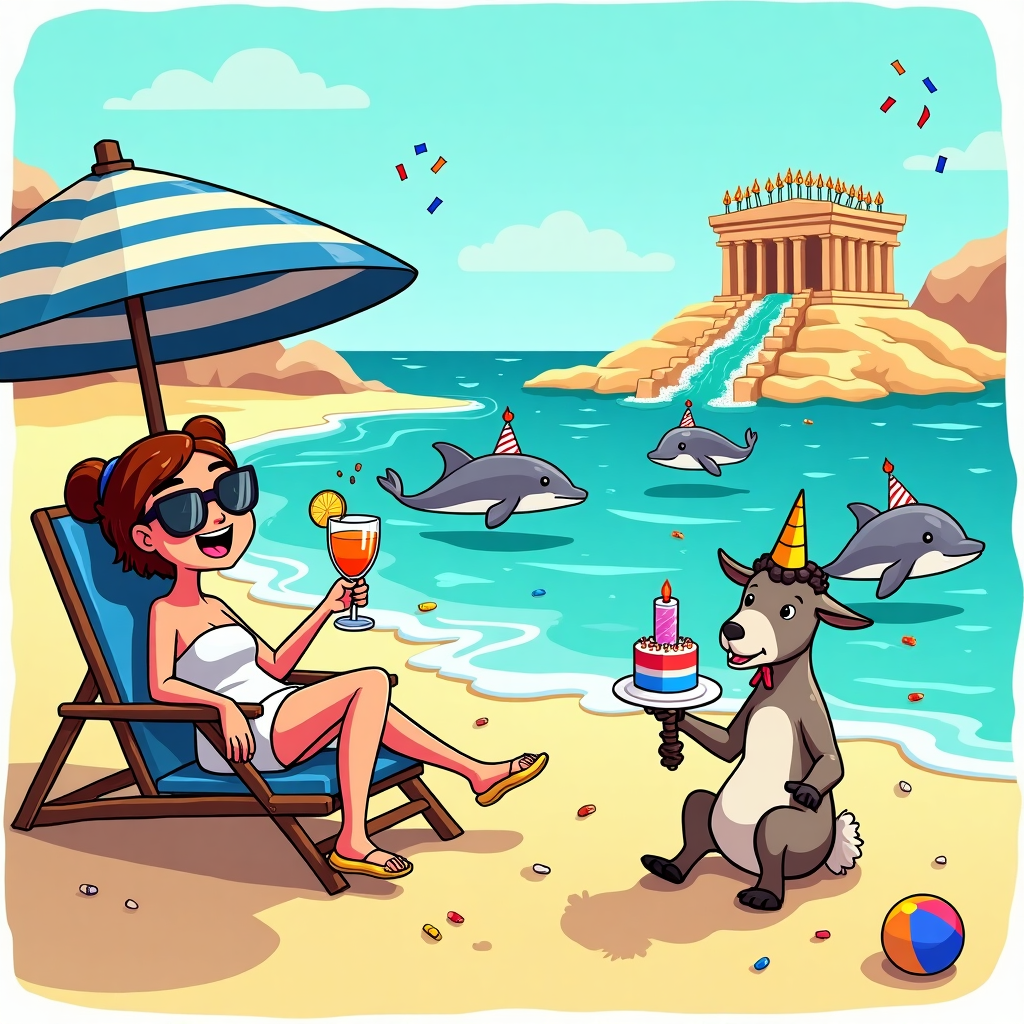 At the top of the illustration image: "Mandy, it's your birthday—let's ouzo our minds on a beach in Greece!"

Image prompt:  
A quirky and colorful cartoon-style illustration of a sun-drenched Greek beach scene. Mandy (depicted as a joyful cartoon character wearing sunglasses and a party hat) is lounging on a beach chair beneath a blue-and-white striped umbrella. She's holding a cocktail with a mini birthday candle in it, while a nearby goat in a toga tries to eat her birthday cake. Behind her, ancient Greek ruins are repurposed as a makeshift waterslide into the turquoise sea, where dolphins wearing party hats are leaping through the waves. A sand sculpture of the Parthenon features candles along the top like a birthday cake. Confetti and beach balls float in the breeze. The entire image exudes warmth, celebration, and Greek island party vibes with a cheeky twist.
Generated with these themes: Beach Greece.
Made with ❤️ by AI.