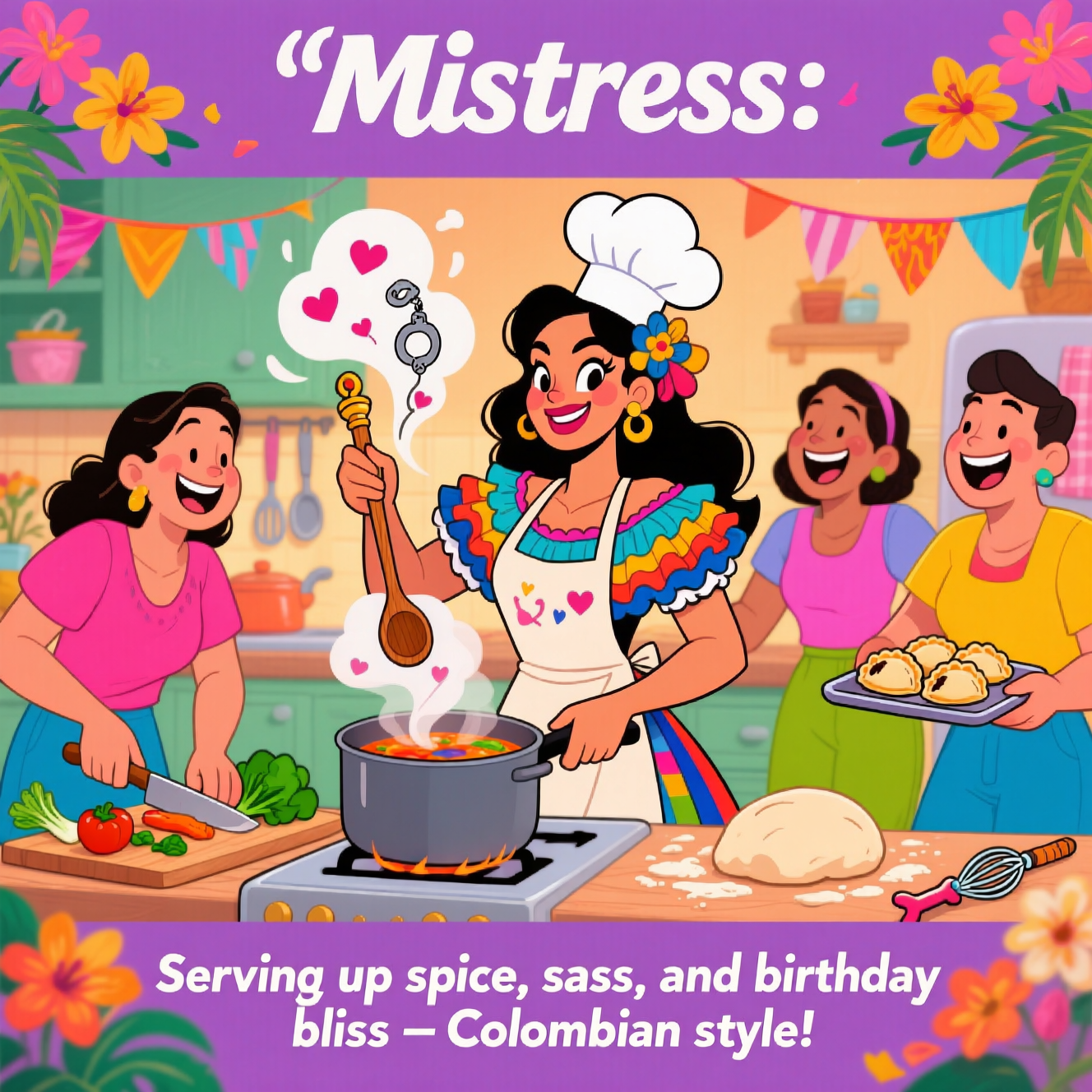 At the top of the image, "Mistress":  

At the bottom of the image, "Serving up spice, sass, and birthday bliss – Colombian style!"  

- In the center, depict a vibrant, playful cartoon scene: a confident, glamorous Colombian woman in a colorful ruffled dress and cheeky apron, wearing a chef’s hat tipped at a jaunty angle. She’s holding a wooden spoon like a scepter, stirring a sizzling pot that sends up aromatic cartoon steam in the shape of little hearts and playful handcuffs. Around her, three smiling friends in bright outfits are laughing and helping – one chopping veggies, another kneading dough, another holding a tray of empanadas – all with exaggerated cartoon proportions and thick outlines. The kitchen is cozy and full of life, decorated with bright bunting and tropical flowers. The mood is warm, joyful, and celebratory, with tiny subtle BDSM nods hidden in kitchen utensils (like a whisk that looks like a flogger) for a cheeky twist.
Generated with these themes: Femdom, Colombia , Cooking , Friendship , Bdsm, and .
Made with ❤️ by AI.