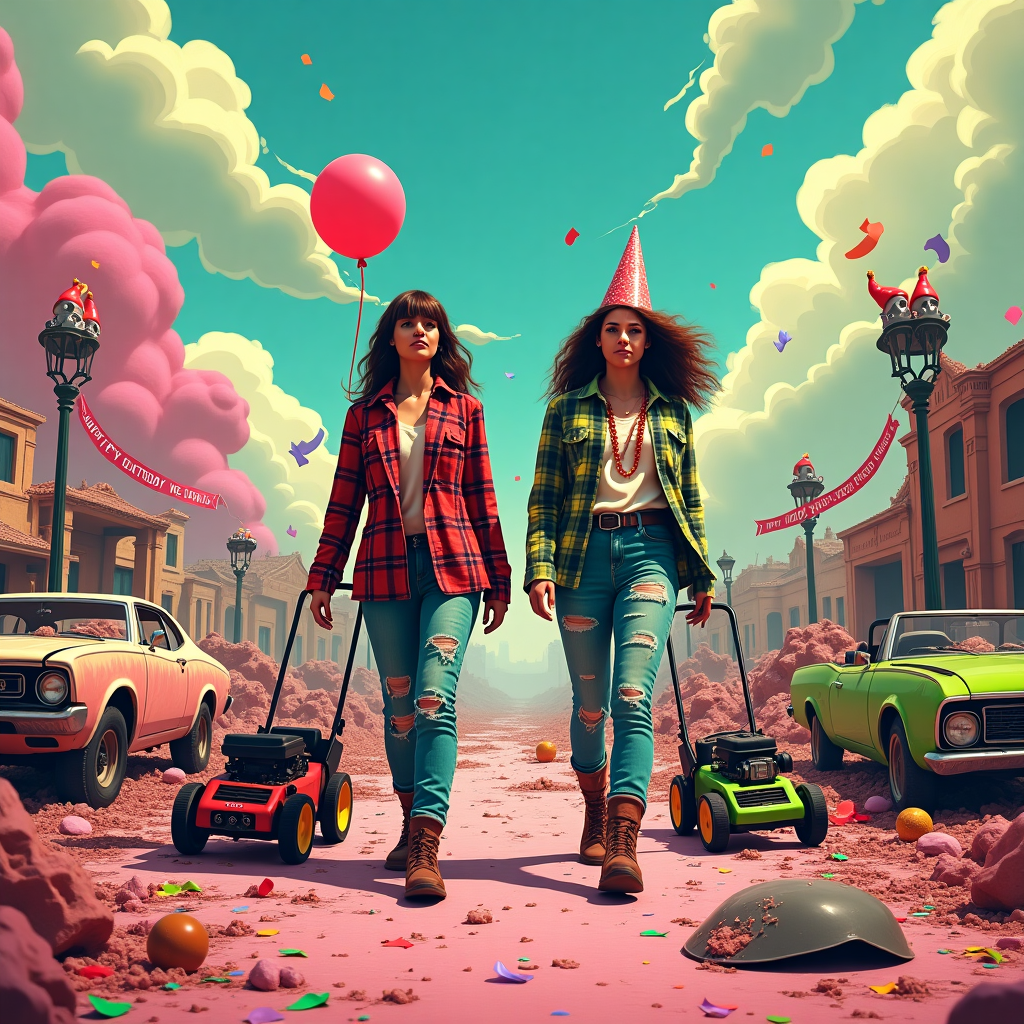 **Prompt:**

An abstract, post-apocalyptic landscape strewn with the surreal ruins of buildings melting into the sky and cartoonishly rusted, toppled cars twisted into improbable shapes. The scene glows with bizarre birthday party colors—hot pink, radioactive lime, and confetti gold. In the foreground, two women stride confidently through the chaos, wearing rugged boots, ripped jeans, and exaggerated flannel shirts in clashing plaid. Each woman carries an oversized, comically detailed lawnmower strapped to her back like a heroic weapon. One mower is decorated with streamers, the other sports a lopsided party hat. Scattered in the background are remnants of a post-apocalyptic birthday bash: a partially inflated balloon floating near a broken toaster, and a banner reading “HAPPY BIRTHDAY (WE THINK)” draped between two ruined lamp posts. The sky swirls with cake-colored clouds and tiny floating lawn gnomes wearing gas masks. The whole image pulses with chaotic joy and defiant celebration amidst absurd devastation.
Generated with these themes: Postapocaliptic landscape with Ruins of buildings and abandoned, rusty,  wrecked Cars. Two women Walking away in sturdy Boots, Jeans and flannel Shirts. Both women carries a lawnmower on their back., and .
Made with ❤️ by AI.