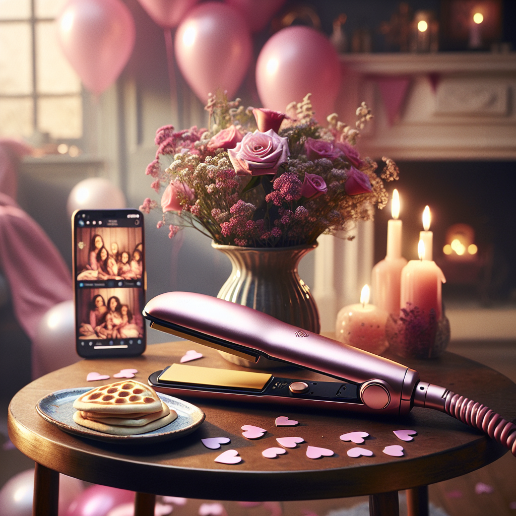 In a warmly illuminated living room, a petite end table is adorned for a Mother's Day celebration with a scattering of heart-shaped confetti in various shades of pink. The main highlight is a sleek, modern hair straightener with a high-gloss finish that glimmers in the light, suggesting a day of relaxation and pampering ahead. Beside it, a pile of freshly baked pitta bread is invitingly arranged on a lovely ceramic plate, all set to be savoured. A smartphone leans against a miniature vase filled with wildflowers, its display revealing a montage of family photographs, each a treasured memory on this special occasion. Pink balloons bob gently in the backdrop, enhancing the celebratory ambiance.
Generated with these themes: Pink love, Hair straightener , Pitta bread , and I phone.
Made with ❤️ by AI.
