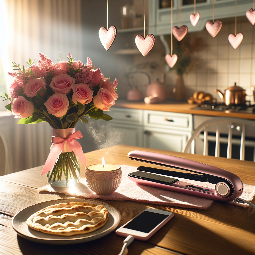 A serene image of a warm and welcoming kitchen soaked in the delicate light of the morning sun. The wooden breakfast table within it is meticulously arranged for a Mother's Day celebration, embellished with dainty pink heart-shaped decorations that instill an aura of affection. Next to a beautiful pink rose bouquet, a sleek hair straightener with its cord neatly coiled signifies a thoughtful present. Delicious homemade pitta bread, hot and enticing, sits elegantly on a serving dish, filling the kitchen with its inviting fragrance. A smartphone in a tailor-made pink cover lies on the table, its screen exhibiting a touching video message, anticipating the moment to be viewed.
Generated with these themes: Pink love, Hair straightener , Pitta bread , and I phone.
Made with ❤️ by AI.