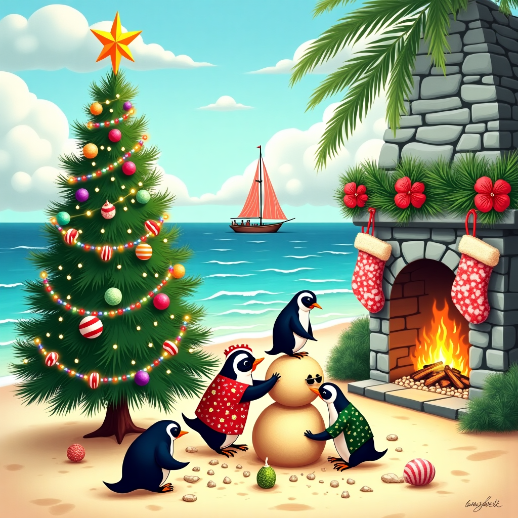 In this whimsical and quirky Christmas greeting card, imagine a vibrant, hand-drawn illustration teeming with eccentric details and unexpected juxtapositions that evoke a playful sense of holiday cheer.

The foreground is dominated by a Christmas tree that stands proudly in the sand, its branches festooned with ornaments that glitter like precious gems. The tree's needles are lush and deep green, each needle meticulously rendered in shades of emerald and jade. Decorated with strings of vivid lights that glow in every color of the rainbow, the tree is crowned with a star made of seashells, shimmering with iridescent hues of pearlescent pink and seafoam green.

Beside the tree, three penguins dressed in bright red and green Hawaiian shirts are busily constructing a sand snowman. The penguins, with their tuxedo-like plumage, are captured mid-motion: one balances precariously on one flipper, adding a coal button to the sandman’s torso; another adjusts a coconut hat on its head, while the third places sunglasses over its “face,” a clever twist on the traditional snowman carrot nose, which here is a small, curled piece of driftwood.

To the right, a rustic stone fireplace, incongruously nestled in the beach setting, crackles with a cozy fire. The fire’s flames dance in oranges and yellows, their reflections flickering on the smooth stones that frame the hearth. Stockings, each patterned with tropical motifs like pineapples and palm leaves, hang neatly from the mantle. Above the fireplace, a garland of real pine branches interwoven with red hibiscus flowers adds a touch of wintery freshness.

The background features a serene ocean, its waves depicted in a blend of cerulean and turquoise, gently lapping at the sandy shore. In the sky above, fluffy clouds in soft pastels—blush pinks, lilac, and pale gold—drift lazily, suggesting the warmth of a tropical afternoon. Near the horizon, a sailing boat, with sails made from candy cane stripes, cuts a charming figure against the backdrop of the setting sun, whose rays spill outwards in warm, golden beams.

This imaginative scene is a delightful blend of holiday and summer elements, encouraging the viewer to revel in the magic of Christmas from an unexpected, sun-kissed perspective.
Generated with these themes: Christmas tree, Penguins, Sand snowman, Fireplace, and Summer.
Made with ❤️ by AI.