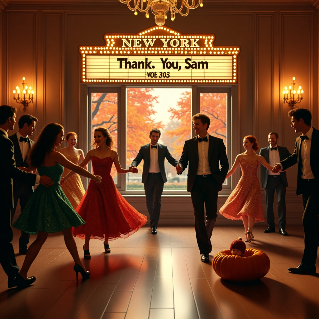 In an elegant windowless room illuminated by the warm glow of vintage chandeliers, a lively 80s dance scene unfolds. The walls are paneled with rich, dark wood, echoing the timeless sophistication of a bygone era. The dancers, dressed in dazzling formal attire reminiscent of the 1980s, whirl gracefully across the polished wooden floor. Men sport sharply tailored tuxedos with satin lapels and bow ties, while women twirl in vibrant, sequined dresses with exaggerated shoulder pads. Amidst this scene, a grand New York marquee spans the upper wall, illuminated with soft yellow bulbs, spelling out "Thank You, Sam" in a nostalgic Broadway style.

In one corner, a drum majorette, complete with a smart white uniform and a gleaming baton, stands poised, as if ready to lead a parade through the room. Her presence adds a whimsical touch, as she seems to march to the rhythm of the music. Nearby, a couple of cousins are engaged in a playful, synchronized dance, laughing as they recreate the iconic moves of the era.

Outside, visible through a large imaginary glass wall, the picturesque fall foliage of New York frames the scene. The trees are ablaze with shades of crimson, amber, and gold, swaying gently as if dancing to the beat. Nestled comfortably at the base of one of these trees, a cute red-headed baby boy sits cheerfully in a large, hollowed-out pumpkin, his eyes wide with wonder. His chubby cheeks and a small tuft of curly hair peeking from beneath a knitted cap add an extra layer of adorableness.

This intricate tableau, blending elements of dance, nostalgia, and heartfelt gratitude, encapsulates the spirit of a sincere thank you card, capturing the essence of the vibrant 80s while paying homage to the enchanting backdrop of autumn in New York.
Generated with these themes: 80s dancing in formal attire in elegant windowless well-lit wooden room, New York Marquee, Cousin, Drum Majorette, Fall trees in New York, and Cute red-headed baby boy sitting in a pumpkin.
Made with ❤️ by AI.