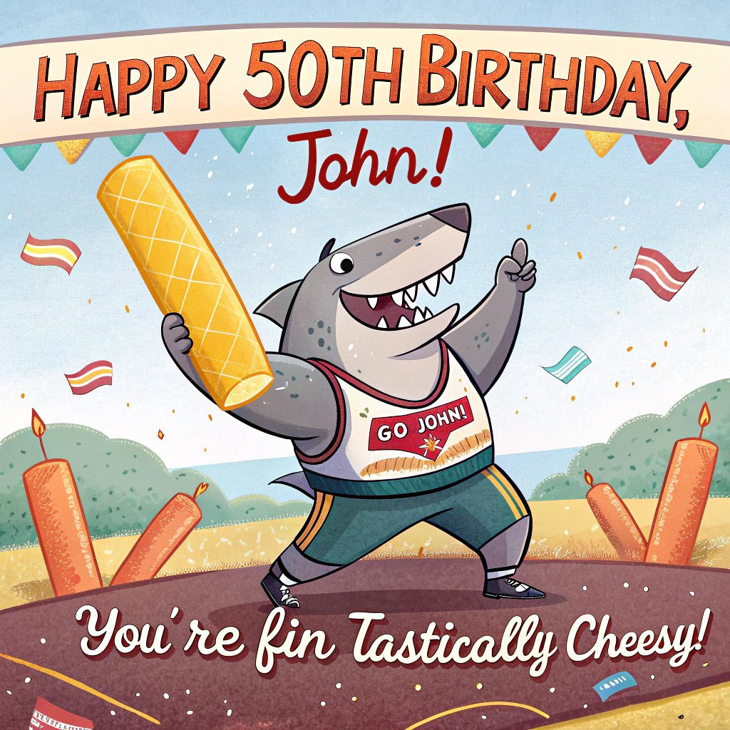 At the top of the image, "Happy 50th Birthday, John!!":

At the bottom of the image, "You're FIN-tastically Cheesy!"

- Create a playful cartoon scene where a buff, anthropomorphic shark, dressed in a wrestling singlet, triumphantly holds a giant mozzarella cheese stick like a championship belt. 
- The shark sports a goofy grin and exaggerated muscles, while several smaller cheese sticks cheer from the sidelines, waving little flags with "Go John!" printed on them. 
- The background is a colorful wrestling ring, complete with bright spotlights and a lively crowd of cheering sea creatures.
Generated with these themes: Shark, mozzarella cheese sticks, wrestling, and .
Made with ❤️ by AI.