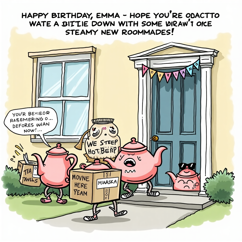 At the top of the cartoon image, *"Happy Birthday, Emma – Hope You're Ready to Settle Down with Some Steamy New Roommates!"*

Cartoon Prompt:  
A group of quirky, animated teapots with different personalities (one posh with pearls, one grumpy in slippers, one wild with sunglasses and tattoos) are carrying cardboard moving boxes labeled "Tea Towels," "Biscuits," and "Hot Gossip." They're all squeezing through the front door of a surprised Emma’s house. One teapot has its lid flipped up, pouring tea nervously while shouting, "We steep here now!" Another is stuck halfway through the cat flap. The house looks cheerful but slightly chaotic with "Welcome Home Brew" bunting above the door.
Generated with these themes: Moving in with tea pots.
Made with ❤️ by AI.