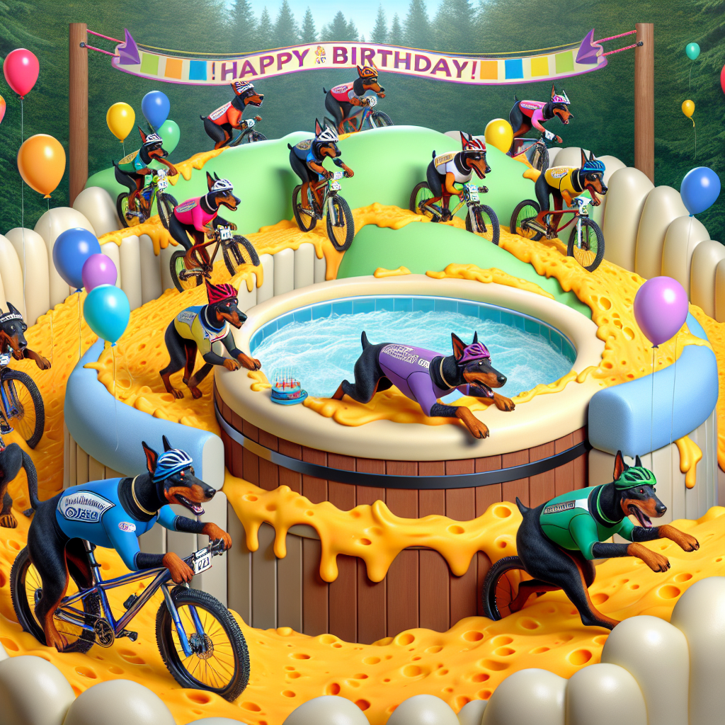 Imagine a humorous birthday scene featuring a group of playful Dobermans. Each of these dogs is dressed in amusing cycling outfits as they partake in a competitive mountain bike race. The track on which they're racing is not your typical dirt path but instead is formed entirely from soft, gooey cheese. Following this unconventional cheesy path, the canines make their way towards a finish line uniquely located right next to a hot tub aglow with heat. This hot tub is cheerfully adorned with fluttering balloons and colorful streamers, indicating the post-race celebration spot for the birthday festivities.
Generated with these themes: Doberman , Mountain biking , Cheese, and Hot tub.
Made with ❤️ by AI.