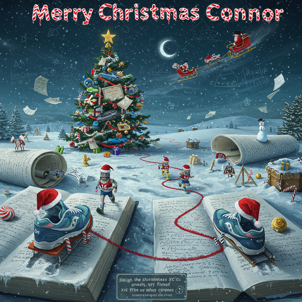 At the top of the Surreal Style image, “Merry Christmas Connor” in shimmering candy‑cane letters with a chalk‑dust glow, gently melting like icing

Dreamlike, Dali‑inspired surreal winterland: a vast cross‑country course made from giant open textbooks whose snow‑dusted pages curl into dunes; crimson ink lines form a wavy XC trail across the paper landscape. In the foreground, a pack of Saucony running shoes—playfully personified with tiny candy‑cane legs, scarf‑like laces, and race bibs—dash across the pages, their treads stamping snowflake footprints; one sneaker joyrides atop a toy sports car like a sled. Towering mid‑scene, an academic Christmas “tree” stacked from diplomas, rulers, and notebooks bends like soft wax; its ornaments are miniature collectible sports cars in glassy snow‑globe baubles, each with a tiny Santa hat. A stopwatch drips over a branch; a graduation cap moon sags low in a chalkboard‑black sky scribbled with equations and constellations shaped like sneakers and coupes. Santa as a bespectacled professor glides by in a polished desk‑sleigh, pulled by a string of levitating sports cars with jingle‑bell antlers. A licorice finish‑line ribbon flutters; A+ papers drift as snow; geometry sets stick from snowmen. Ethereal, frosty lighting with twinkle‑light glints; long, painterly shadows; glossy reflections on chrome. Color palette: midnight blue, icy teal, candy‑apple red, and warm gold. Whimsical, funny, and richly detailed, soft haze with crisp highlights, wide‑angle low viewpoint for monumental shoes and tree, shallow depth in the distance.

At the bottom of the image, small cheeky caption in hand‑drawn chalk script: “Sleigh the miles, ace the finals, vroom all the way!”
Generated with these themes: Cross Country, academics, sports cars collecting, sneakers specifically saucony, and .
Made with ❤️ by AI.