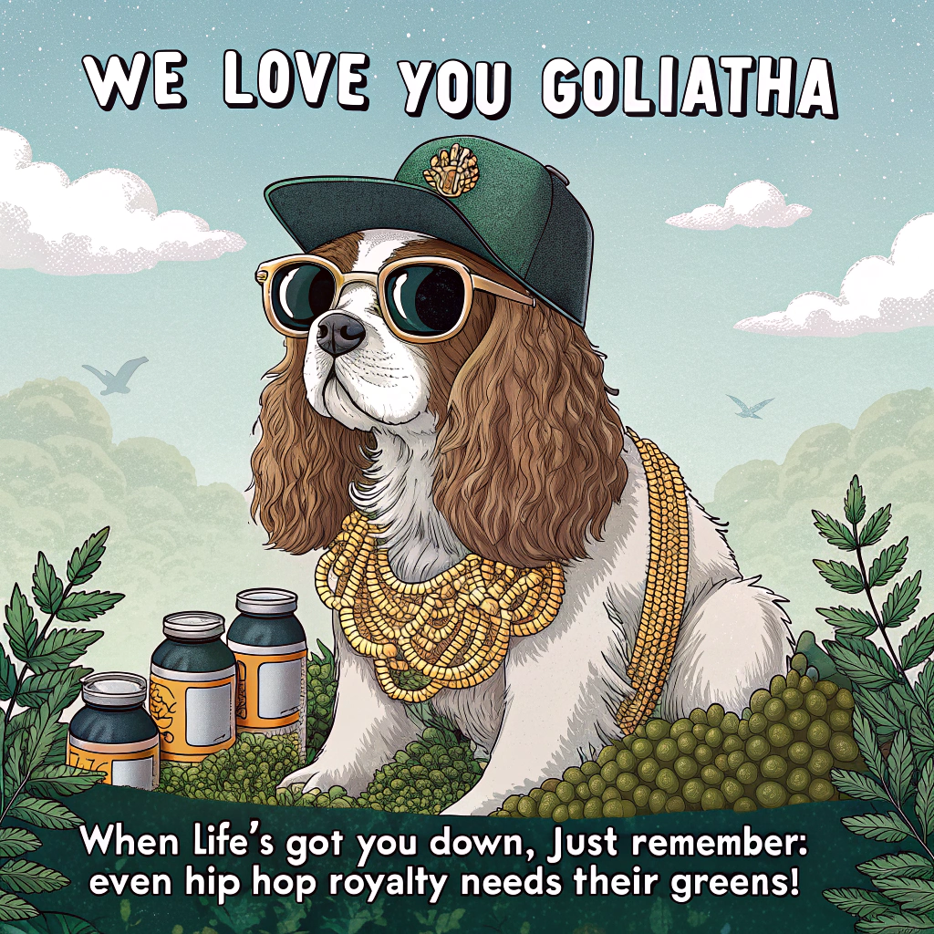 At the top of the image, "We love you Goliatha"

- Illustrate a whimsical pixel art scene featuring a King Charles Spaniel decked out in oversized, blingy gold chains, a flat-brimmed cap slightly askew, and oversized sunglasses, sitting majestically atop a pile of herbal supplement bottles. 

- At the bottom of the image, add "When life's got you down, just remember: even hip-hop royalty needs their greens!"
Generated with these themes: Hip hop music, herbal supplements, King Charles spaniel, and .
Made with ❤️ by AI.
