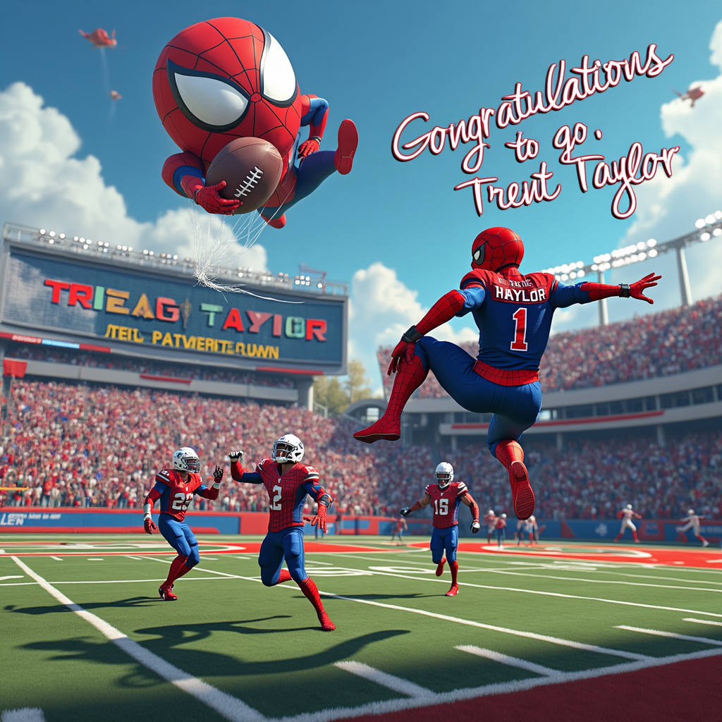 In the scene, Spider-Man is swinging through the air with one hand holding a football, dressed in a hybrid outfit that merges his iconic red-and-blue suit with a football uniform. His jersey reads "Spider-Man" on the back, but the number "1" is prominently displayed. He is in mid-air, clearly having just made an incredible catch in the end zone. The football stadium below is packed with cheering fans, waving banners and foam fingers. 

On the scoreboard in the background, the digital screen displays "CONGRATULATIONS TRENT TAYLOR" in bright, bold letters, as if announcing the game-winning touchdown. In the stands, a huge banner is stretched out by enthusiastic fans, spelling out "TRENT TAYLOR" with each letter on a different brightly colored flag. 

To the left, there’s a gigantic, realistic balloon shaped like Spider-Man holding a football, floating high above the stadium, casting a shadow on the field below. The sky is bright blue with a few fluffy clouds, and written in the clouds, using a skywriting airplane, are the words "Way to go, Trent Taylor!"

Below Spider-Man, on the field, his teammates dressed in traditional American football uniforms are jumping and celebrating, pointing up to him in amazement. The turf of the football field is lush green, and the yard lines are clearly marked, with the end zone painted in vivid colors.

The scene is bustling with excitement, blending the action-packed energy of an American football game with the thrilling, web-swinging antics of Spider-Man, all in celebration of Trent Taylor's achievement.
Generated with these themes: American Football, and Spider-Man .
Made with ❤️ by AI.