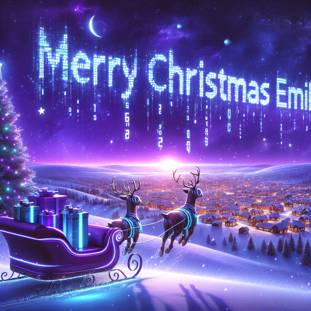 In the second variation, a cozy Christmas card scene unfolds with a picturesque purple night sky dotted with twinkling stars. A sleek, futuristic sleigh soars across the sky, leaving a trail of digital bits and bytes that spell out 'Merry Christmas Emily' in a clear, error-free script. The sleigh, guided by reindeer donning high-tech headsets, is loaded with presents wrapped in blue and purple bearing the LILT logo, indicating its status as the leading AI enterprise solution for translation and localization. Below, a charming village basks in the glow of holiday lights, embodying the warmth that comes with giving the gift of AI translation this joyous season.
Generated with these themes: Christmas company card - LILT the leading AI enterprise solution for translation and localization. , Colours blue and purple , and Giving the gift of AI translation.
Made with ❤️ by AI.