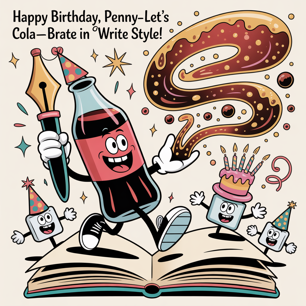 At the top of the Cartoon Style image, "Happy Birthday, Penny—let’s cola-brate in write style!"

- Center scene: A gleeful, personified cola bottle with big sneakers and white gloves, wearing a polka-dot party hat, brandishes an oversized fountain-pen straw like a calligraphy nib. It “inks” swoopy, looping lines using fizzy brown cola, spraying sparkling bubbles as it writes across a giant open notebook page.
- Style: Exaggerated proportions, thick black outlines, bright saturated colors, whimsical and energetic poses; playful motion lines and splashy droplets.
- Fun details: Giggling ice cubes with tiny party hats cheer from the margins; dancing bottle caps toss confetti; the cola swashes morph into a birthday-cake silhouette with fizzy candle flames; starbursts and streamers burst in the background.
- Palette: Cherry reds, caramel browns, creamy whites, lemon yellow, and electric teal.
- Label: A classic red-and-white label on the bottle that simply reads “COLA” (no logos), to nod to the Coke Cola theme.
Generated with these themes: Writing Coke Cola, and .
Made with ❤️ by AI.