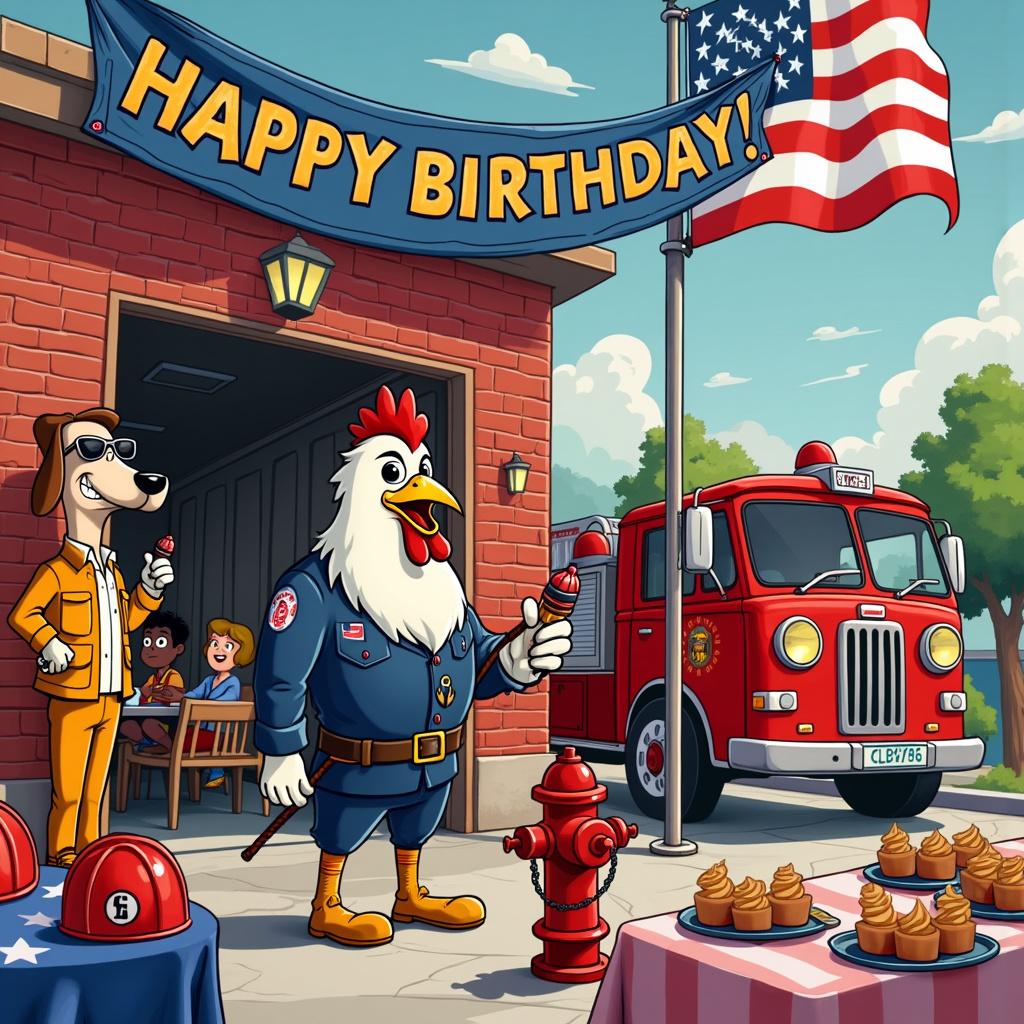 In this cartoon-inspired birthday tableau, the scene is set at a bustling fire station with an American twist. At the center, a comically oversized birthday card features an illustration of the Tottenham Hotspur's cockerel logo wearing an Elvis-style hairdo and costume, holding a hose attached to a fire hydrant flagged with the stars and stripes of the US flag. Overhead, a banner sporting the words ‘Happy Birthday’ in bold, cartoonish letters dangles from the top of the fire station. A series of playful decorations include fireman's helmets with the Spurs' emblem and peanut butter and banana canapés on an American flag tablecloth. On one side, a caricature of an American firefighter is propped against a shiny, vintage red fire truck, alongside the caricature of an amusingly drawn hound dog wearing sunglasses, reminiscent of a classic Elvis Presley pose. The foreground showcases a fire brigade-themed bounce house with children playing, and the entire scene is set under a sky with cartoon-style clouds and a blazing sun wearing Elvis sunglasses.
Generated with these themes: Tottenham Hotspur , Fire brigade , America , and Elvis .
Made with ❤️ by AI.