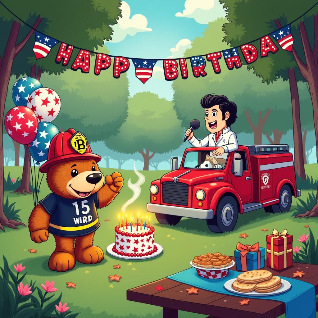 A vibrant and colorful cartoon birthday scene bustling with thematic elements. In the center stands a large, fluffy Tottenham Hotspur mascot wearing a firefighter's helmet, blowing out candles on a star-spangled, American flag-themed birthday cake. Beside him, a bright red cartoon fire engine, complete with a dalmatian dog in the driver's seat, is parked. The fire engine is adorned with celebratory balloons shaped like soccer balls. Each balloon features the Spurs' emblem. In the background, a cartoon Elvis impersonator with a pompadour hairstyle, bedazzled white jumpsuit, and a shiny microphone, is animatedly singing 'Happy Birthday' atop a small, makeshift stage draped with red and blue streamers. The setting is an open, green park with American flag bunting strung between trees and a 'Happy Birthday' banner in bold, comic font overhead. Scattered around are gift boxes wrapped in paper depicting Fire Brigade insignias and Elvis's signature sunglasses. The foreground shows a picnic table covered in a Tottenham blue tablecloth, laden with party food resembling classic American BBQ and Elvis's favorite peanut butter and banana sandwiches.
Generated with these themes: Tottenham Hotspur , Fire brigade , America , and Elvis .
Made with ❤️ by AI.