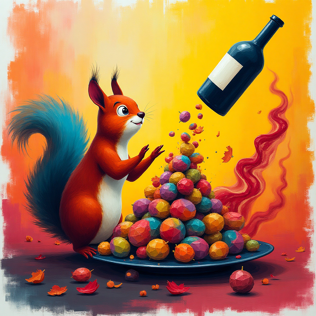 At the bottom of the Abstract Style image, "Thank You"

---

**Image Prompt:**

Visualize a lively abstract scene bursting with whimsical energy. Imagine a giant, playful squirrel at the center, juggling an exaggerated pile of acorns in a rainbow of vibrant colors. These acorns should be geometrically shaped, akin to tiny, vivid prisms.

Surrounding this cheerful creature are dynamic brush-stroke textures of swirling wine hues, mimicking the flow of a wine glass spill. The fluidity of these strokes contrasts with the angular acorns, creating a harmonious chaos.

To the side, incorporate a cheeky abstract depiction of a breakfast plate, with wavy strips of bacon twisting around like a dancer, set against a bold, high-contrast backdrop of sunshine yellow and breakfast brown.

Top off this abstract scene with a playful twist: a fragmented geometric wine bottle, suspended in mid-air, playfully tipping its top hat to the squirrel.

The text "Nuts About You!" can be humorously integrated, appearing as though etched into the dynamic swirls of the wine, adding a cheeky touch to this expressive composition.
Generated with these themes: .
Made with ❤️ by AI.