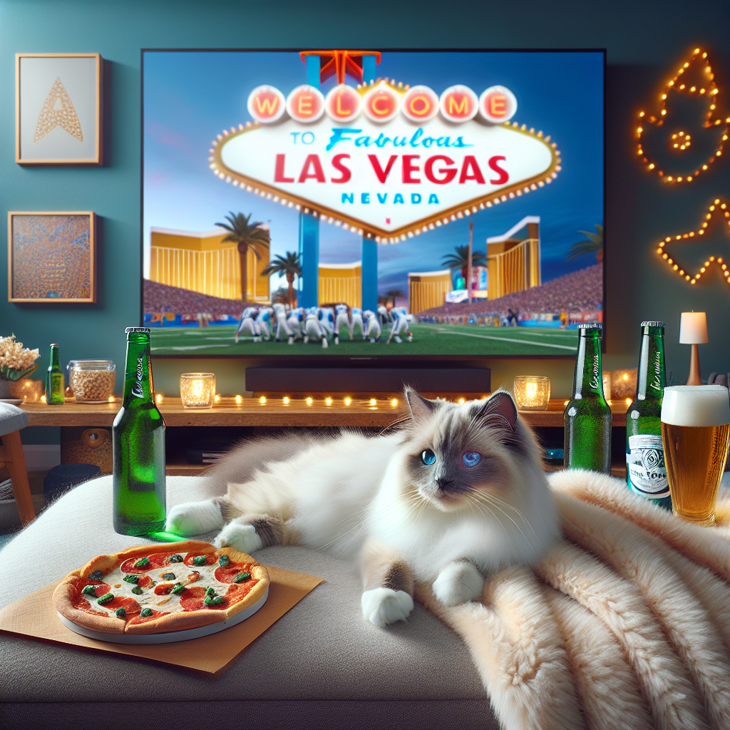 Visualize a tranquil environment where a fluffy white ragdoll cat is lounging across a soft, cozy blanket, symbolizing a couple's affection for animals. In the background, a large television is broadcasting a live football match, infusing a spirited ambiance into the scene. Elements of the vibrant city life are represented through Las Vegas-inspired decor scattered around. A table is set up with chilled beer bottles and a piping hot pizza. This scene represents a perfect blend of a warm, home-based anniversary celebration with a sense of holiday exhilaration.
Generated with these themes: White ragdoll cat, Football, Las vegas, Beer, Pizza , and Vacation.
Made with ❤️ by AI.