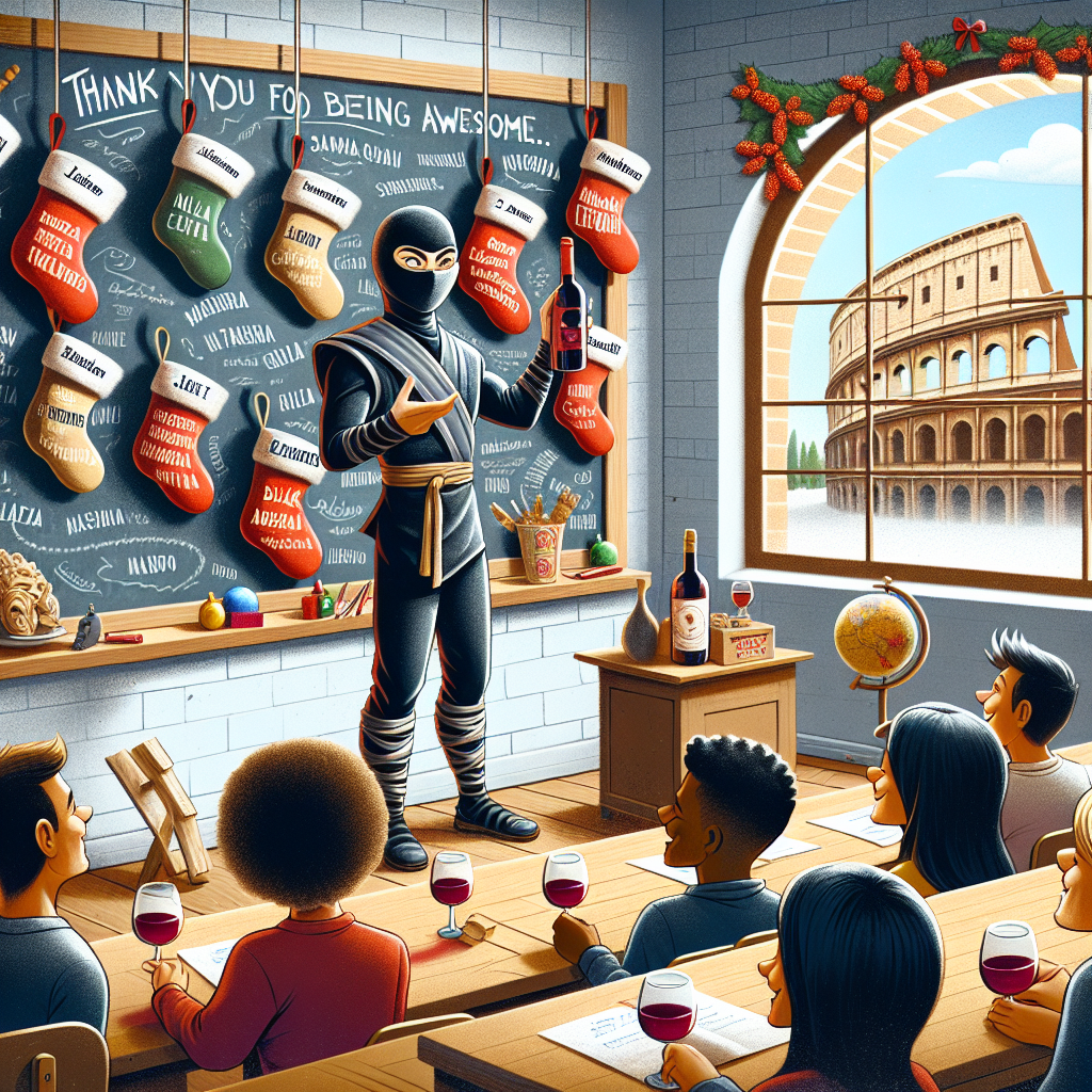 Italian ninja drinking wine , Teacher , and Italy Christmas Card
