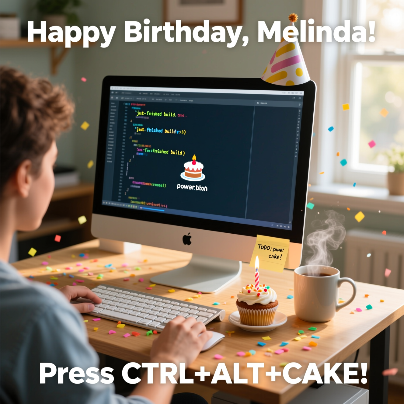 At the top of the Photorealistic picture taken from a camera image, "Happy Birthday, Melinda!"

At the bottom of the image, "Press CTRL+ALT+CAKE."

Ultra-high-definition 4K UHD photorealistic scene in a sunny home office, funny mood. Over-the-shoulder camera angle of a person working at a computer: a clean wooden desk, a full-size keyboard, a widescreen monitor, and a steaming mug. A single cupcake with a lit candle sits beside the keyboard like a “power button,” with colorful confetti sprinkled across the desk. On the monitor, a clean code editor shows a just-finished build with a playful success status and a tiny cake icon (no brand logos). A paper party hat is perched on the corner of the monitor; a subtle sticky note near the keyboard reads “TODO: cake.” Natural window light from the side creates soft shadows and gentle highlights on the icing, keys, and mug; floating dust motes catch in the light. Shallow depth of field keeps the monitor text, candle flame, and cupcake in crisp focus while the background softly blurs. Shot on a 50mm lens, f/1.8, high dynamic range, accurate skin/desk textures, lifelike crumbs and icing sheen, rich color, realistic reflections on the screen and mug. Clean composition with negative space for the top headline and bottom punchline, legible white text with a soft drop shadow.
Generated with these themes: Working at a computer, and .
Made with ❤️ by AI.