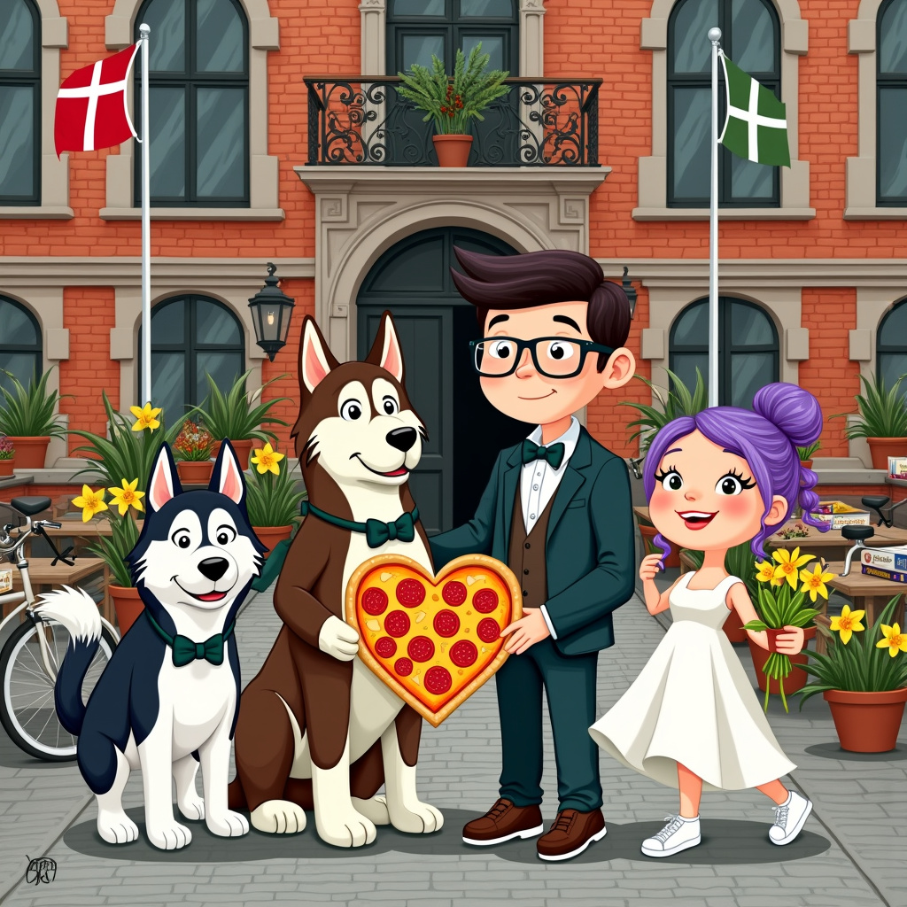 In a surreal, cartoonish world, the front cover of the wedding greeting card bursts into life with a charming and whimsical tableau. The scene is set in front of the Copenhagen Town Hall, its historic brick facade detailed with Danish flags fluttering proudly from the flagpoles. 

In the foreground, standing proudly, are two Malamutes: one black and white, the other brown and white, both with fluffy tails wagging excitedly. They wear small, elegant dog-sized bow ties - the black and white Malamute sports a navy blue one, while the brown and white Malamute wears a forest green one. 

To the left of the Malamutes, the dark-haired groom, sporting glasses, is depicted in a classic cartoon style reminiscent of Charles Schulz's Peanuts. He wears dark green trousers, a dark blue jacket, and brown shoes. He holds a large, heart-shaped pizza in his hands, pepperoni pieces forming a pattern of love hearts on the pizza’s surface.

To the right, the purple-haired bride stands out with her vibrant updo. She is wearing a knee-length white dress and white trainers, ready to leap into a playful adventure. Her style is quirky and modern, echoing Bill Watterson's attention to whimsical detail. She holds a pot plant bursting with blooming daffodils, their yellow petals providing a bright splash of color.

Behind them, an array of board games is set up on tables in the style of a street market. Games like "Monopoly" and "Scrabble" are easily recognizable, their boxes open and pieces scattered in a fun, chaotic manner. 

In the background, you can spot other charming details: a cobblestone street leading to the Town Hall, vintage Danish bicycles leaning against the walls, and pots of various plants, each meticulously illustrated with detailed leaves and flowers, adding to the bustling yet cozy atmosphere.

The entire scene is framed with the playful, slightly exaggerated style reminiscent of Hergé’s Tintin series, with clean lines and vibrant, solid colors bringing each character and element to life. This captivating mix of detail, whimsy, and surreal elements tells a unique story, celebrating love in a setting where the ordinary and extraordinary blend seamlessly.
Generated with these themes: Black and white female Malamute with fluffy tail, Brown and white female Malamute with fluffy tail, Copenhagen , Dark haired groom with glasses, wearing dark green trousers and dark blue jacket , Purple haired bride, with her hair up. Wearing knee length white dress and white trainers , Town Hall wedding , Pizza , Board games , Danish flag , Daffodils , and Pot plants .
Made with ❤️ by AI.