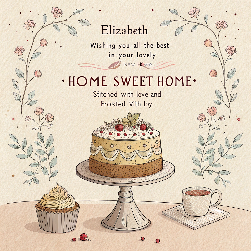 At the top of the Illustration Style image, "Elizabeth Wishing you all the best in your lovely new home"

At the bottom of the image, "Home sweet home—stitched with love and frosted with joy."

Scene:
- A warm, hand-drawn vignette on a soft cream paper texture: a freshly frosted, two-tier cake on a vintage pedestal stand sits center, its piped rosettes and scallops mimicking embroidery stitches; tiny “French knot” sprinkles dot the frosting.
- Behind the cake, an open wooden embroidery hoop frames a simple line-art house with a little heart in the window, surrounded by stitched leaves and mini blooms.
- Lush flowers (peonies, wild roses, chamomile, eucalyptus) arc around the hoop to form a gentle floral garland, their petals rendered with fine ink linework and textured brush strokes.
- Delicate spools of thread, a needle, and loose strands curl into graceful flourishes that guide the eye toward the headline; a subtle running-stitch border traces the image edges for a cozy, crafted feel.

Style and color:
- Hand-drawn illustration with fine linework, tactile brush textures, and balanced composition.
- Warm, expressive palette: blush pink, dusty rose, marigold, buttercream, sage and olive greens, soft teal accents, and hints of warm gold.
- Soft, natural lighting with gentle shadows; keep everything sincere, welcoming, and homey.

Typography and placement:
- Make the headline the focal point at the top, hand-lettered with subtle ink variations; color in deep forest green or terracotta for warmth.
- Set the bottom line smaller, elegantly spaced, harmonizing with the stitched border and floral arc.
Generated with these themes: Flowers, Embroidery , Cake, and .
Made with ❤️ by AI.
