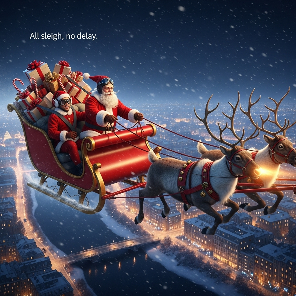 Father Christmas in a sleigh with lots of presents and reindeer. It is nightime and he is flying over a lit up city. There is one elf sitting beside him, and Christmas Card