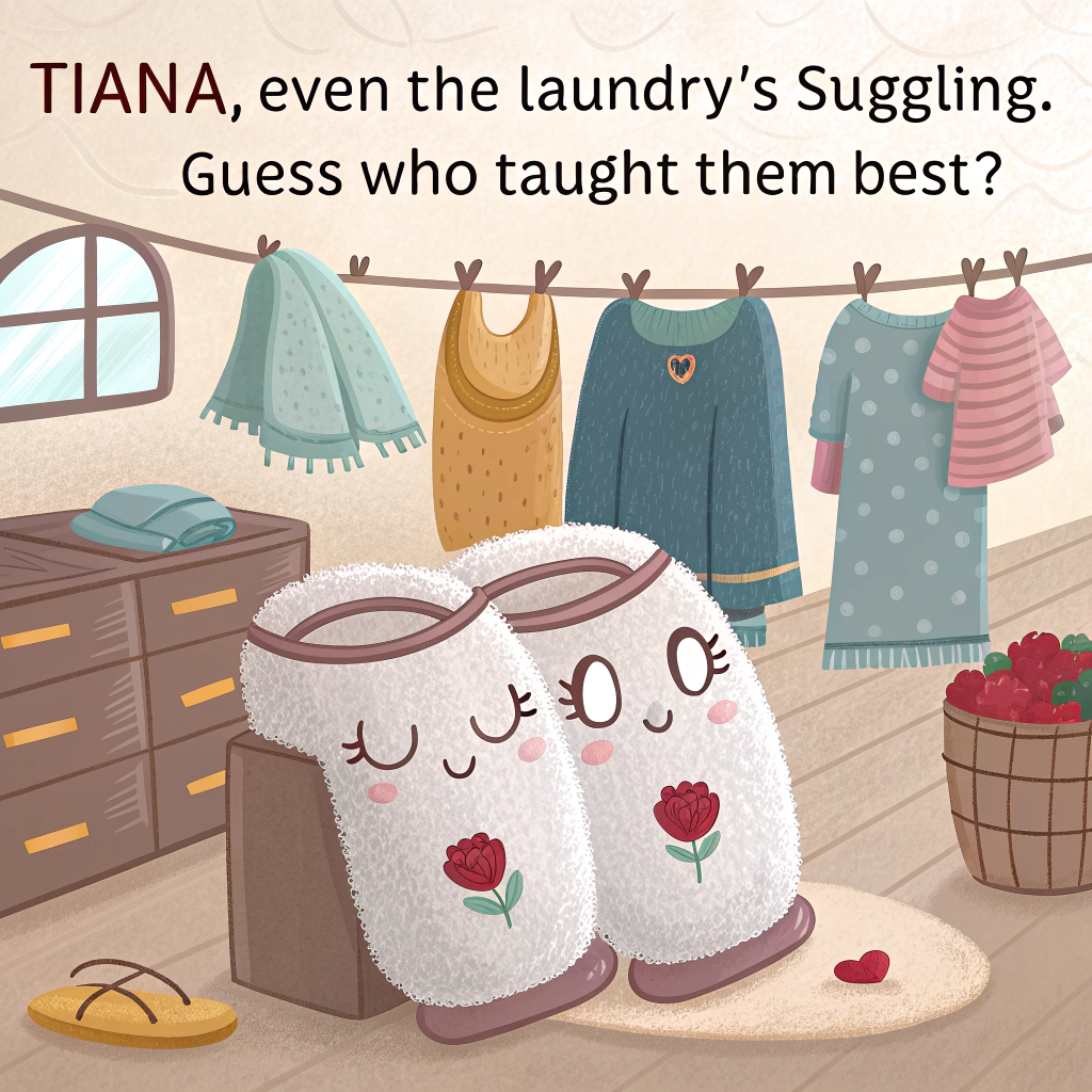 At the top of the image, "Tiana, even the laundry's snuggling—guess who taught them best?"

- Create a whimsical cartoon-style scene in a cozy laundry room where two fluffy socks (with cute embroidered faces) are wrapped around each other in a warm embrace, clearly "cuddling."
- One sock is holding a tiny rose while the other blushes.
- In the background, a clothesline shows various cozy items (pajamas, slippers, robes) all paired up like they're on cute dates—each set leaning into each other.
- A folded towel is holding a box of chocolates, clearly "wooing" a bathrobe draped nearby.
- Light pastel tones and exaggerated facial expressions make the items feel lively and playful.
- Include some subtle hearts floating around for extra cuddly charm.
Generated with these themes: cuddling .
Made with ❤️ by AI.