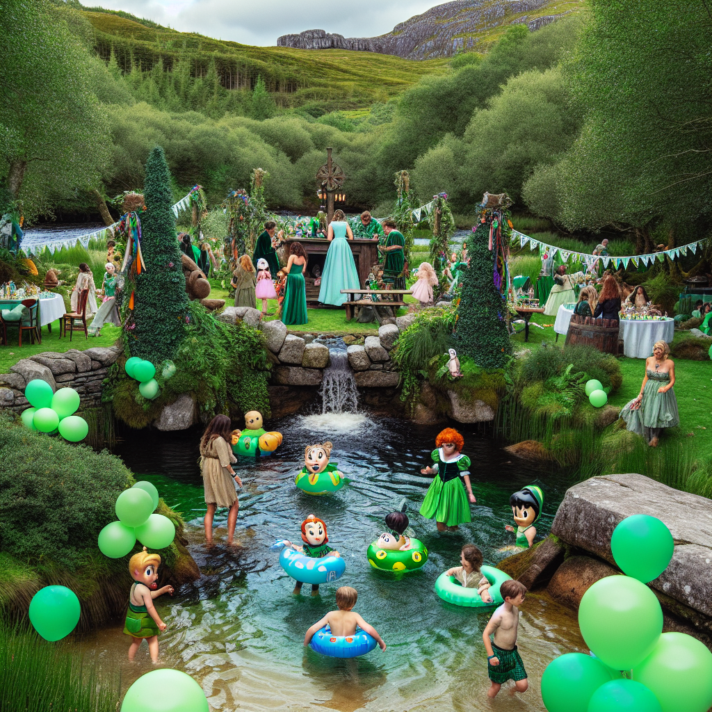 A vibrant birthday party set amidst the picturesque landscape of the Irish countryside, featuring attendees dressed in costumes reminiscent of the charm and playfulness of classic animation characters donning traditional Celtic outfits. Decorations add to the festivity with emerald green balloons and banners. Nestled in the background is a beguiling grove of lush trees enclosing a peaceful swimming hole. The laughter of children playing in the water echoes in the surroundings, their floaties shaped like famous icons from classic animations.
Generated with these themes: Disney , Ireland, Swimming, and Trees.
Made with ❤️ by AI.