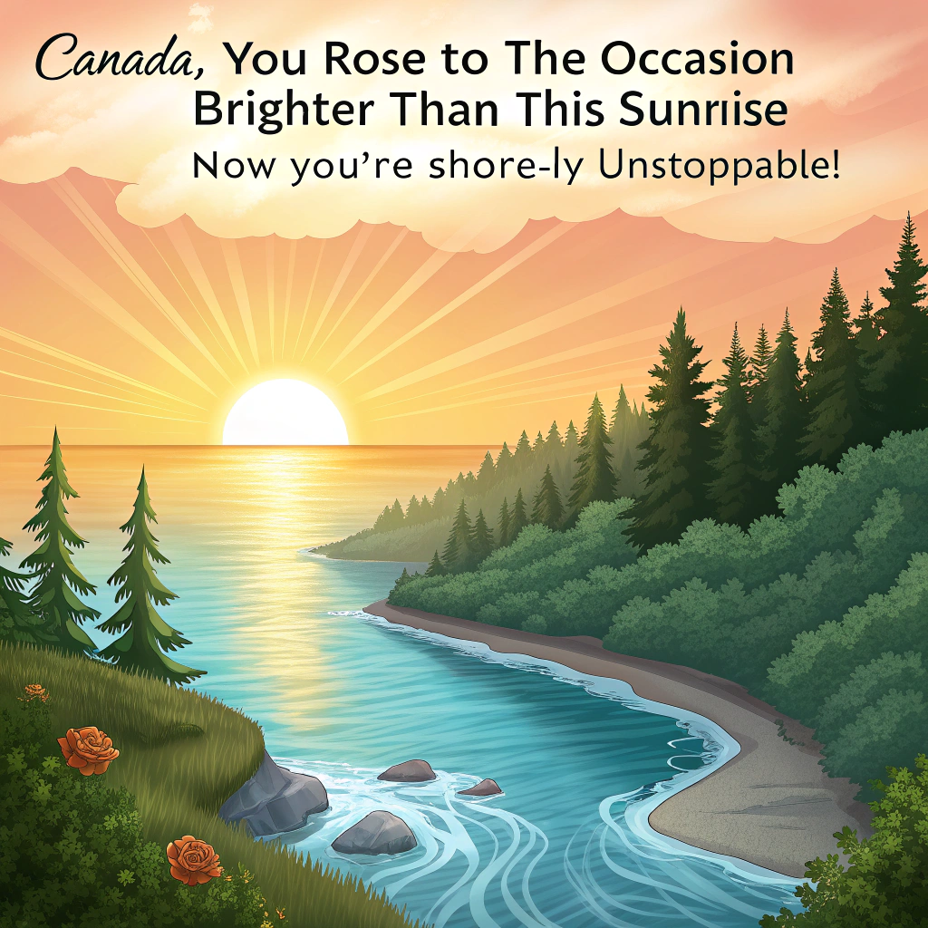 At the top of the image, "Canada, you rose to the occasion brighter than this sunrise — now you're shore-ly unstoppable!"

– The image shows a solemn yet uplifting, high-resolution realistic photograph:  
A radiant sunrise crests the horizon, casting golden hues over an ocean bay. Mist lifts softly from the calm water where a crystal-clear stream flows steadily through a lush green forest and spills gently into the sea. The stillness of the forest contrasts beautifully with the shimmering hopefulness of the open water, capturing a moment that feels like both an ending and a beginning.
Generated with these themes: Sunrise over the ocean bay, Forested shore, Clear running stream into the ocean, and Mood of brightness and hope.
Made with ❤️ by AI.