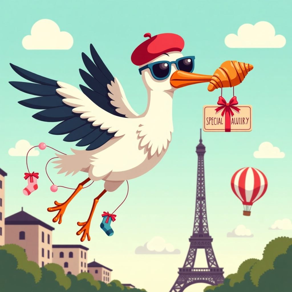 At the top of the vector image: "Bon Bébé, Alex – Delivery avec extra croissant!"

A cheerful, comical vector illustration featuring a flamboyant flying stork wearing a red French beret and oversized sunglasses, proudly clutching a buttery croissant in its beak. The stork is soaring above the streets of Paris with the iconic Eiffel Tower in the background, tiny pink and blue baby socks fluttering from its legs like streamers. A bundle marked “Special Delivery” dangles gently beneath it, tied with a tricolor ribbon (blue, white, red). Whimsical clouds and a baguette-shaped hot air balloon float in the sky nearby, completing this French-fabulous, laugh-out-loud baby celebration scene.
Generated with these themes: flying stork wearing a beret with a croissant in it's mouth flying near eiffel tower.
Made with ❤️ by AI.