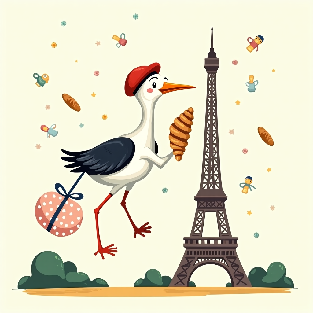 **Prompt:**

At the top of the vector image, “Ooh la la, Alex — there’s a bébé on the way!”

A funny, vibrant vector illustration featuring a charming stork flying past the Eiffel Tower. The stork wears a tilted red beret and clutches a flaky croissant in its beak. Dangling from its legs is a polka-dotted baby bundle, tied with a little French flag ribbon. The Eiffel Tower stands in the background with confetti floating around, and tiny baguettes and pacifiers parachuting through the air. The whole scene radiates joyful French flair and cheeky charm. Bold lines, playful colors, and crisp details complete the humorous, heartwarming vibe.
Generated with these themes: flying stork wearing a beret with a croissant in it's mouth flying near eiffel tower.
Made with ❤️ by AI.