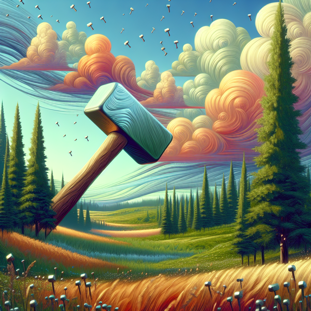 Picture a scenery where the firmament is arrayed in a blend of soft pastel tones and the clouds floating by are hammer-shaped. The terrain is depicted by the vibrant grass blended with strands of metal, serving as a symbol for the robust but adaptable love a father possesses. The forest houses trees with soft leather-like bark reaching towards the sky, their leaves designed as a collection of tiny, glittering hammers that resonate like chimes when swayed by the wind.
Generated with these themes: Lots of hammers.
Made with ❤️ by AI.