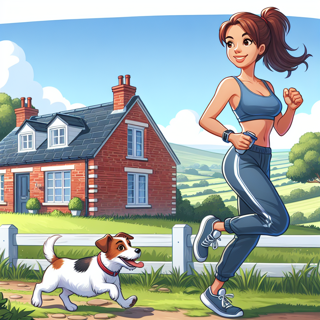 Female 50th birthday , Tracksuits , Brown hair in pony tail, Jogging in the countryside with Jack russell, and Red brick bungalow with slate roof Birthday Card
