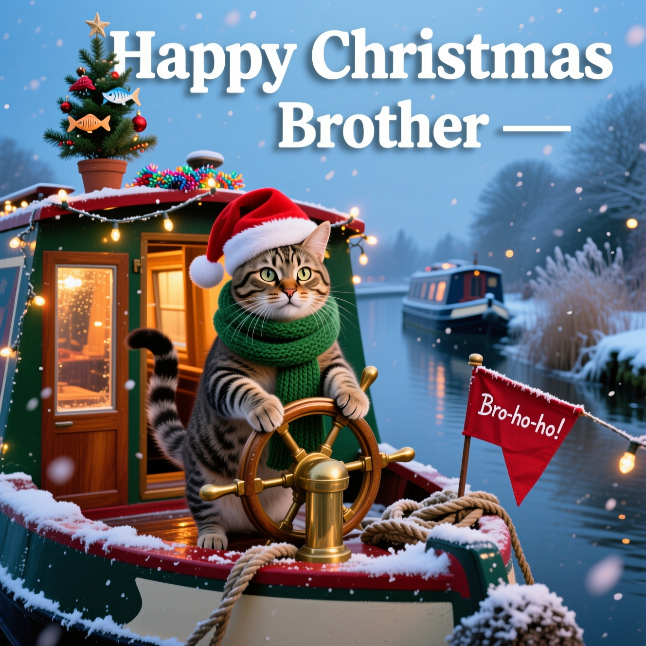 At the top of the Photorealistic picture taken from a camera image, Happy Christmas Brother — centered in bold white festive lettering with a soft drop shadow for readability

Portrait 4K UHD, ultra-realistic photograph with accurate lighting, lifelike textures, and rich depth of field: A cheeky mackerel tabby cat is “captain” on the stern of a classic British narrow boat on a frosty canal at blue hour. The cat wears a slightly askew red Santa hat and a chunky forest‑green knit scarf, front paws gripping the polished brass tiller, eyes wide with comic determination. Fairylights are draped along the narrow boat’s roof, a tiny potted Christmas tree with fish-shaped ornaments and tinsel sits on top, and a string of lights is humorously tangled around the tiller and the cat’s tail. Gentle snowflakes fall and catch in the cat’s whiskers; warm amber cabin light glows from the windows, reflecting in the glassy water with soft bokeh from the twinkling lights. Frost crystals sparkle on the painted red-and-green hull; breathy winter air, wet varnished wood, coiled ropes, and canal-side reeds dusted with snow complete the scene. Include one small extra line of text only: on a little red pennant hanging by the stern rail, “Bro-ho-ho!” in playful hand-painted script. Shot on a full-frame 50mm lens at f/2.8, shallow depth of field with the tabby cat tack-sharp and the canal and distant moored boats softly blurred; high dynamic range, natural colors, no additional text, no watermark.
Generated with these themes: Tabby cat, , Narrow boat, and .
Made with ❤️ by AI.