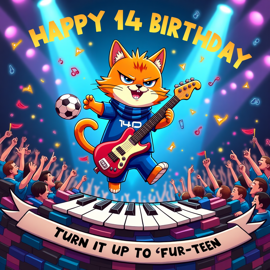 At the top of the Cartoon Style image, Happy 14th Birthday 

Playful, funny cartoon scene with exaggerated proportions, thick black outlines, and bright saturated colors. A headbanging cat rockstar in mid-air jump is center stage: spiky hair, cheeky grin, tiny fang showing, one paw throwing the rock horns. The cat wears an Everton FC–inspired royal-blue jersey with the number 14 and a fluttering blue-and-white striped scarf (no logos or emblems), plus a studded collar for heavy-metal flair.

The cat shreds a lightning-bolt keytar (clearly a musical keyboard) while standing on an oversized wavy piano-key walkway. The entire stage is built from colorful LEGO-style interlocking bricks (no logos), including stackable brick amps and a brick drum riser. Confetti bursts shaped like tiny bricks, music notes, and little footballs fly through electric-blue, purple, and neon-yellow spotlights. A football spins comically on the cat’s tail (curled like a treble clef). The crowd (simplified silhouettes in blue-and-white accessories, no logos) waves flags and flashes rock horns.

Composition and vibe: dynamic low-angle perspective, bouncy shadows, glossy highlights, starbursts, speed lines, and whimsical energy. Dominant palette: Everton blue, white, neon yellow, hot pink, and purple.

At the bottom of the Cartoon Style image, a small cheeky caption on a fun ribbon banner: Turn it up to FUR-teen!

Style notes: playful cartoon characters, thick outlines, energetic poses, family-friendly humor. No brand logos or trademarked emblems; only the two text lines.
Generated with these themes: Heavy metal, musical keyboard, Lego, Everton FC, cat, and .
Made with ❤️ by AI.