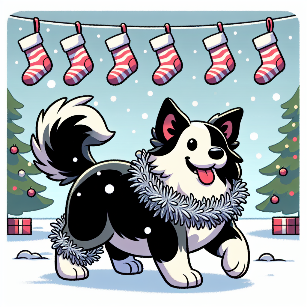 The cartoon scene depicts a snowy Christmas eve where a chubby Border Collie with a black and white coat prances around, adorned with a shimmering tinsel collar. Although the dog's eyes are not detailed, the picture of the pet wagging its tail near the Christmas stockings evokes a warm, festive atmosphere.
.
Made with ❤️ by AI.