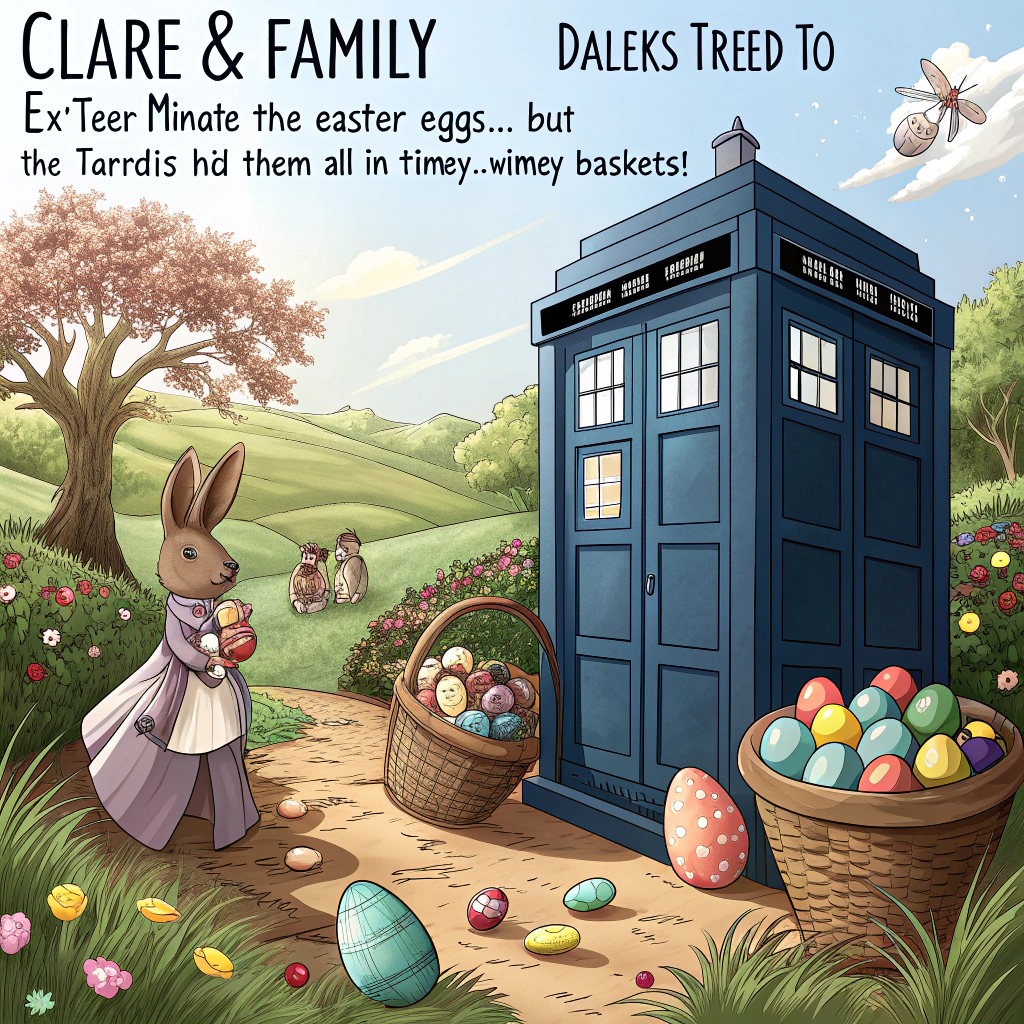 At the top of the realistic photograph image, "Clare & Family — The Daleks tried to EX-TER-MINATE the Easter eggs… but the TARDIS hid them all in timey-wimey baskets!"  

– A hyper-realistic, cheeky photograph of a life-sized TARDIS parked in a springtime English garden, surrounded by colourful Easter eggs. A very confused Dalek (complete with bunny ears stuck on with tape) stands next to the TARDIS, peering down at an overturned basket of half-melted chocolate eggs, one squished under its plunger arm. Tulips and daffodils bloom wildly in the background, and a curious squirrel wearing a miniature 4th Doctor scarf peeks out from behind a daisy.
Generated with these themes: Tardis with Dalek at Easter time.
Made with ❤️ by AI.