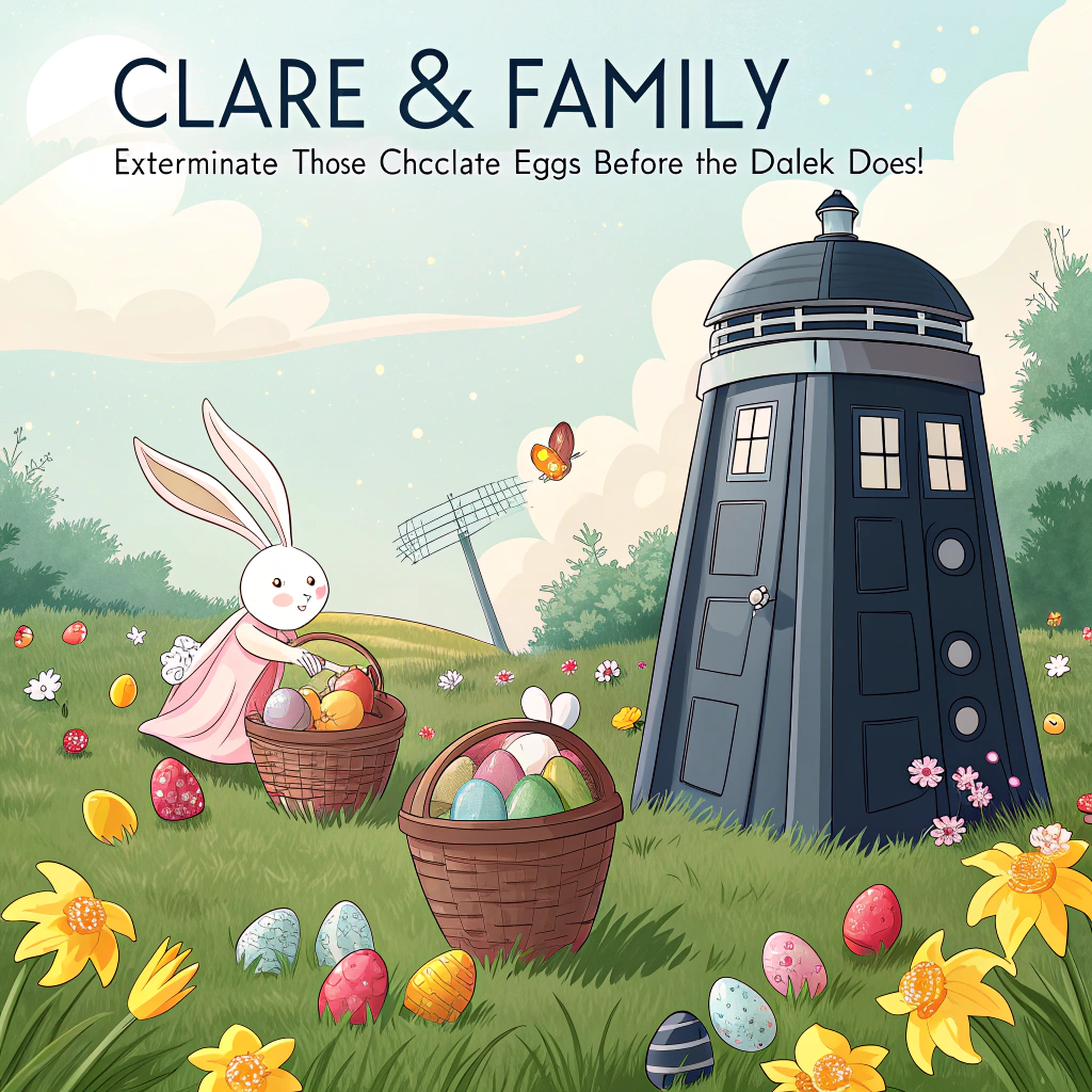 At the top of the image, "Clare & Family — EXTERMINATE those chocolate eggs before the Dalek does!"

- The scene is a realistic, humorously staged photograph set in a springtime meadow dotted with colourful Easter eggs and blooming daffodils.

- In the middle, a full-sized TARDIS is parked slightly off-kilter, with its doors open revealing baskets overflowing with chocolate bunnies and eggs glowing slightly with sci-fi flair.

- A chrome Dalek sits nearby on the grass wearing pink bunny ears (crookedly balanced on its dome), a pastel-striped Easter basket hanging from its plunger arm, as it menacingly rolls toward an egg labeled “DOCTOR.”

- The lighting is bright and warm, mimicking a real spring morning.

- In the background, a curious sheep stares at the scene, clearly perplexed by the intergalactic picnic.
Generated with these themes: Tardis with Dalek at Easter time.
Made with ❤️ by AI.