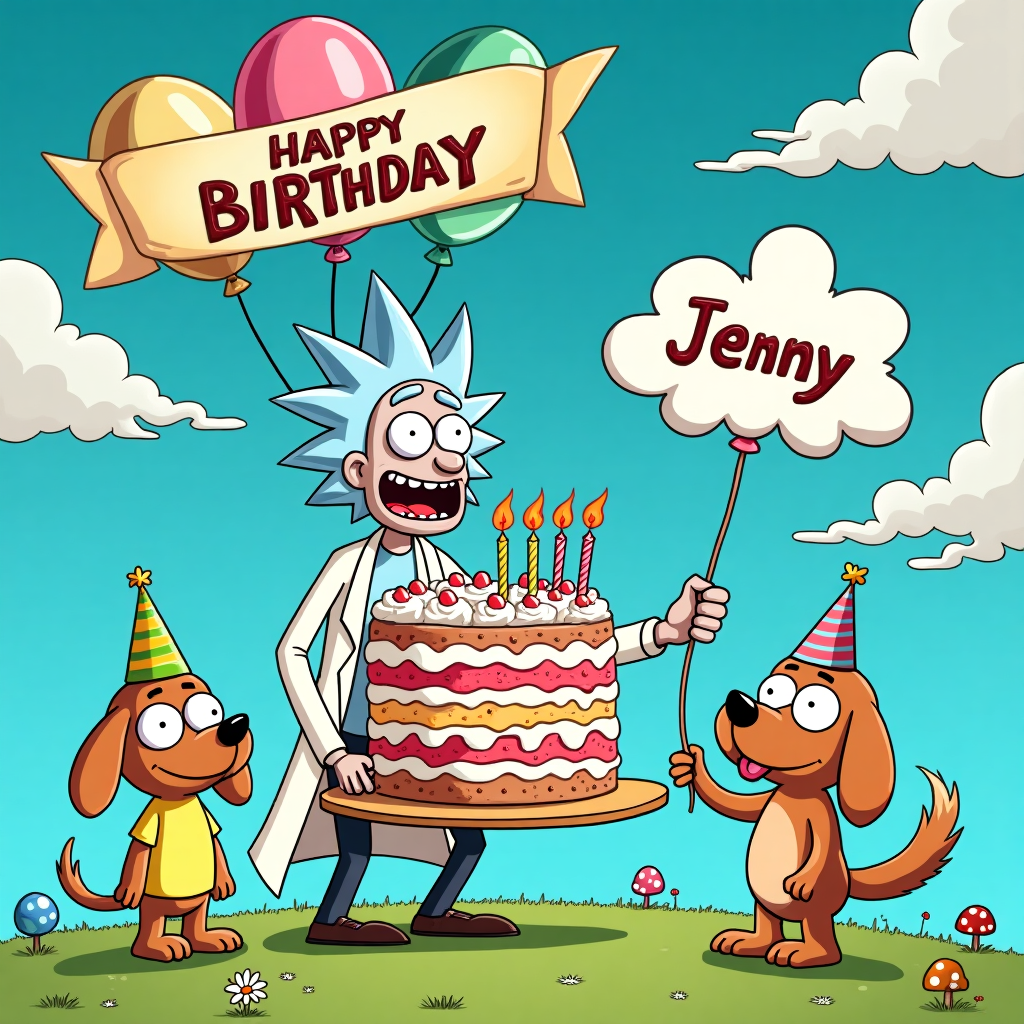 The front cover of the birthday greeting card is a riot of colors and quirky details, bursting with comic energy and creativity. In the center, Rick and Morty are portrayed in a playful, cartoonish style reminiscent of Bill Watterson’s characters. Rick, with his wild, exaggerated blue spiky hair and signature white lab coat, holds a giant, oversized birthday cake that defies gravity, with multi-colored layers topped with a cascade of candles. The cake's base features a playful nod to Osamu Tezuka's manga with dynamic lines suggesting motion. Morty, standing beside him, wears a bright yellow shirt and has comically large eyes widened in exaggerated surprise, reminiscent of Hergé's expressive style.

Flanking them are two fluffy, cheerful Berkshire dogs, depicted with the charming simplicity and expressiveness of Charles Schulz's Snoopy. One dog sports a colorful party hat that sits askew, its long floppy ears painted in shades of soft brown and cream, and the other playfully paws at a balloon string, its mouth open in a wide, comical grin. The balloon is an explosion of pastel hues, echoing the vibrant palette of Walt Disney’s early animated films.

Above this lively scene, a banner waves, held aloft by balloons, spelling out "HAPPY BIRTHDAY" in a mix of bright, bold letters that feel as though they’ve leapt straight from a Winsor McCay dreamscape. The name "Jenny" is whimsically integrated into the scene on a cloud-like puff of whipped cream atop the cake, crafted in an elegant yet playful font that captures the whimsy of Gary Larson's humor.

The background is a vivid sky-blue with fluffy white clouds drifting lazily by, inspired by the dreamlike quality of Little Nemo's world. The ground is a lush, grassy green, with a few cartoon-style daisies and mushrooms peeking up, reminiscent of R. Crumb’s intricate backgrounds, adding depth and texture to the scene.

This greeting card is a delightful fusion of exaggerated features, vibrant colors, and imaginative details, creating a joyful and humorously chaotic birthday celebration for Jenny.
Generated with these themes: RIck and Morty saying happy birthday in a funny way and add 2 berkshire dogs.
Made with ❤️ by AI.