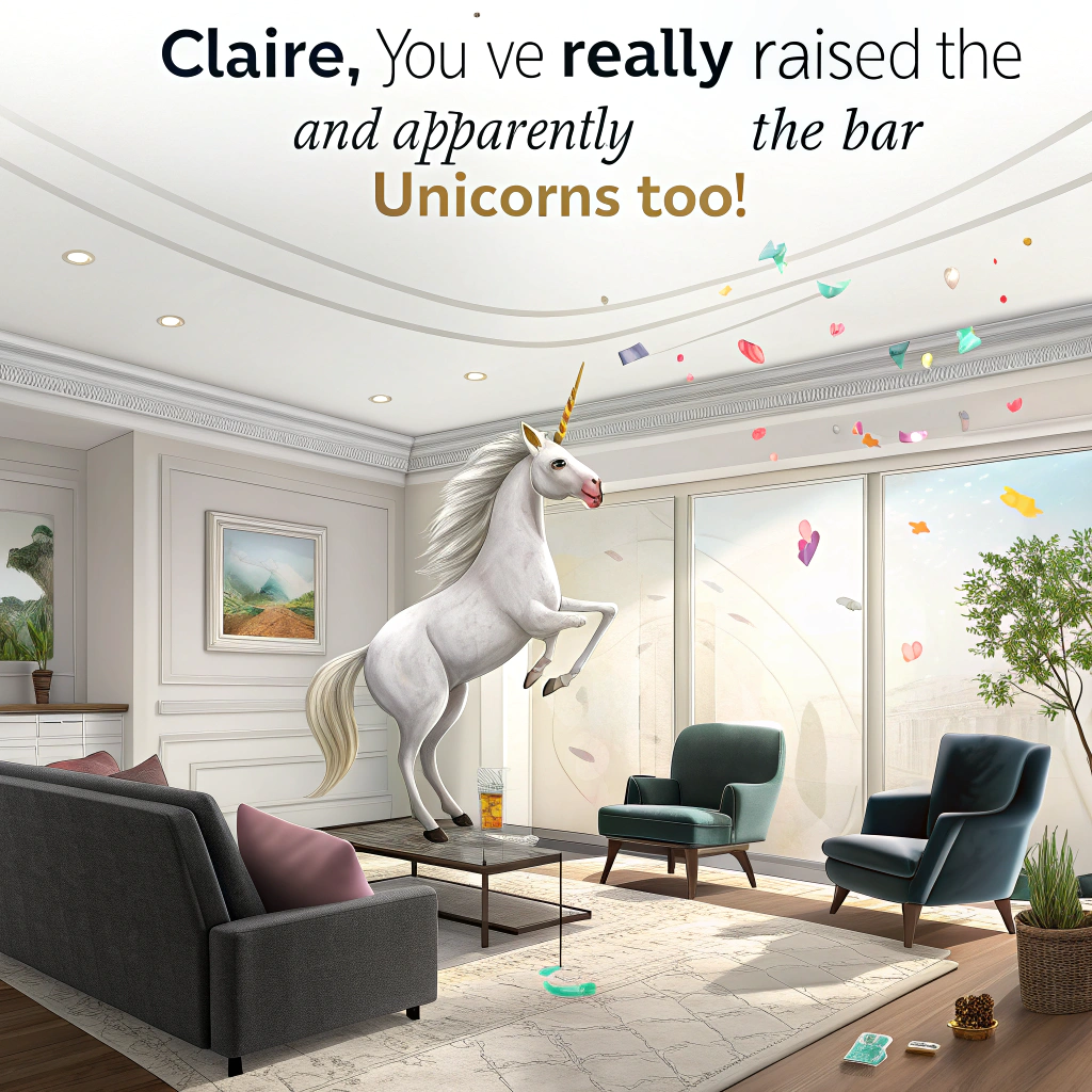 At the top of the image, "Claire, you’ve really raised the bar — and apparently the unicorns too!"

- In the image: A highly realistic photograph-style living room with a clean, stylish ceiling… and a majestic, slightly smug unicorn nonchalantly perched upside-down on the ceiling as though gravity doesn’t apply to her.

- The unicorn is sipping from a celebratory champagne flute (also upside-down) and wearing party sunglasses.

- Confetti is subtly drifting upward (towards the floor) as though the unicorn has reversed the laws of physics in honor of Claire’s achievement.

- A slightly confused cat sits on the couch below, looking up like, “...seriously?”
Generated with these themes: unicorn on cielings.
Made with ❤️ by AI.