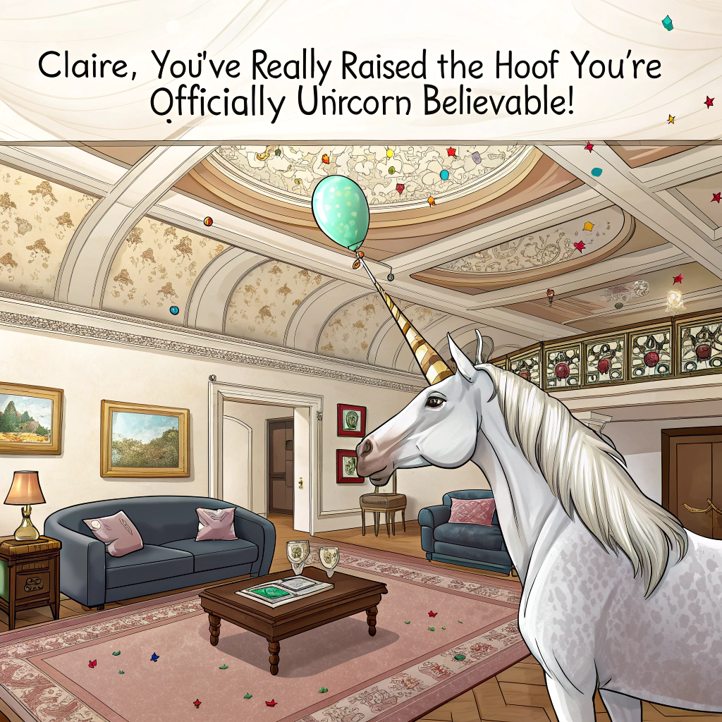 At the top of the image, "Claire, you've really raised the hoof – you're officially UNICORN-BELIEVABLE!"

– The image is a realistic photograph of a grand living room with an ornately decorated ceiling. Perched nonchalantly upside-down on the ceiling is a majestic (and very realistic-looking) unicorn, casually sipping champagne from a crystal flute, while confetti floats lazily in the air.  
– On the walls, tasteful framed certificates of Claire’s achievement are proudly displayed, and one balloon has floated all the way up to hover next to the unicorn’s snout, as if even gravity had to give up and say, "Well done!"  
– A banner hangs across the scene, reading "Defying Expectations & Ceilings!"
Generated with these themes: unicorn on cielings.
Made with ❤️ by AI.
