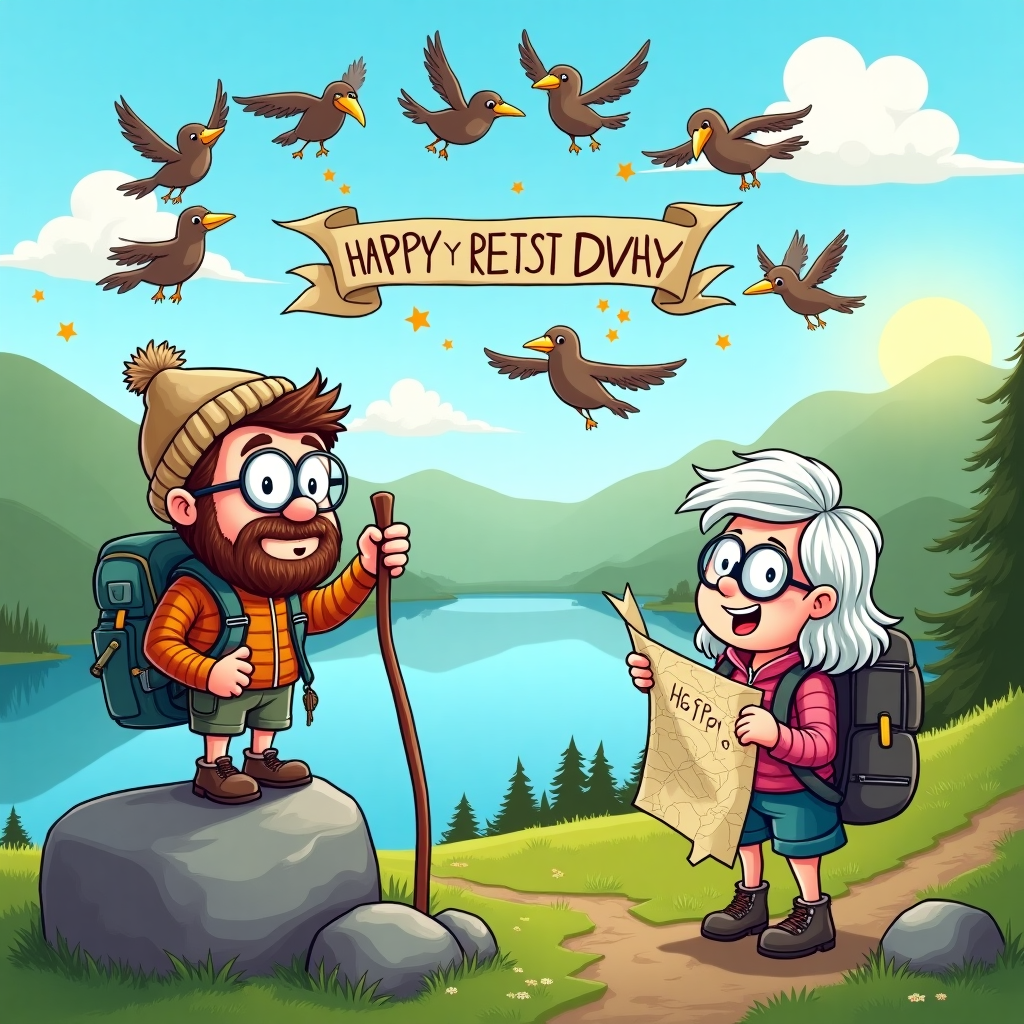 Lake district, Beard, Hiking, Spectacles, Short hair, Beige Beanie hat, Girlfriend white hair spectacles, and Birds Birthday Card