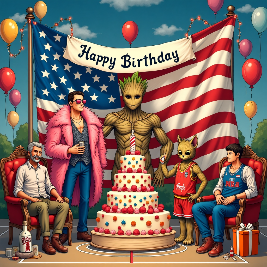 Doflamingo from One Piece, American Flag, Groot, Liquor , Slavic nba player, Neco-arc, and Kaneki from Tokyo Ghoul Birthday Card