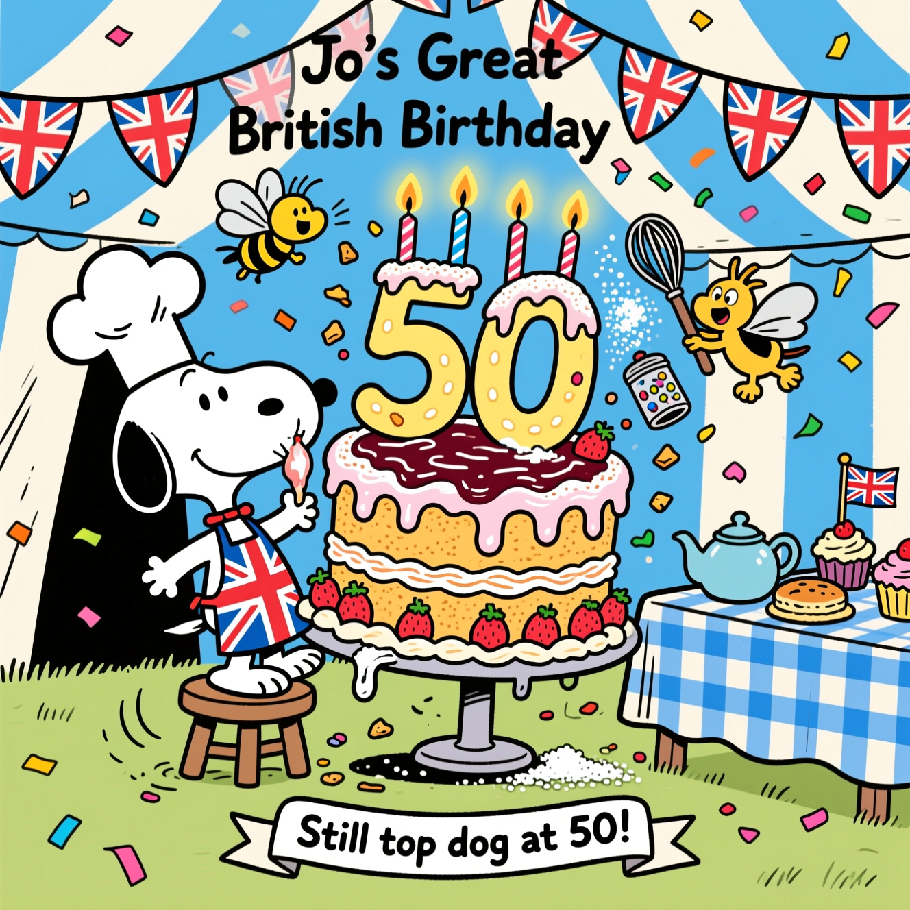 At the top of the Cartoon Style image, "Jo's Great British Birthday"

Playful, funny Cartoon Style scene with thick black outlines, exaggerated proportions, and bright saturated colors. In a cheerful Great British bake-off style tent strung with Union Jack bunting, Snoopy (in an oversized chef’s hat and Union Jack apron) wobbles on a tiny stool, icing a towering Victoria sponge cake sculpted as a giant “50.” The cake is comically overstuffed with jam and cream oozing out, strawberries slipping, and a few wobble lines showing it teetering. Woodstock buzzes around with a whisk and a shaker of sprinkles, accidentally dusting Snoopy in powdered sugar. The “5” leans into the “0,” lit with sparkling candles, with a few crumbs flying and confetti popping in the air. Gingham tablecloth, blue-and-white tent stripes, teapot, scones, and cupcakes with mini flags on the side. Big expressive poses, energetic motion lines, glossy highlights, soft cel shading. Vertical composition, large central image, minimal text.

Add a small, cheeky caption at the bottom in a ribbon or speech bubble: “Still top dog at 50!”
Generated with these themes: Snoopy, Cake, 50, and .
Made with ❤️ by AI.