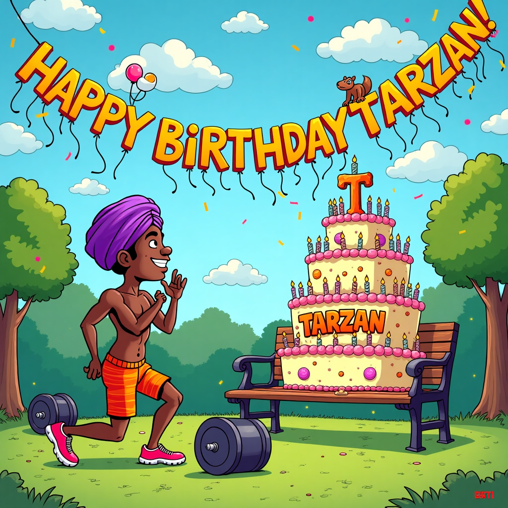 In the whimsical world of this cartoon birthday card, we see a lively park scene filled with colorful, playful details reminiscent of a Charles Schulz meets Bill Watterson style. Front and center, a Black man with a jovial expression, is wearing a vibrant purple turban, as he performs lunges. His athletic attire is bright and patterned with tiny birthday cakes, adding a humorous twist to his workout routine. Beside him, two talking weights with googly eyes and expressive faces cheer him on, one saying, "Keep going, Birthday Boy!" and the other muttering, "Feel the burn!"

In the background, a gigantic, multi-tiered birthday cake sits on a park bench, each layer adorned with oversized candles, all whimsically skewed in a Hergé-like meticulous detail. Atop the cake, in colorful, swirling frosting, the name "Tarzan" is emblazoned prominently, with a miniature figure of the cartoon Tarzan swinging from a frosting vine above the name, paying homage to the recipient.

The sky is a vivid, cartoonish blue, scattered with fluffy white clouds, and in a nod to Winsor McCay's style, one cloud has subtly formed into the shape of a birthday gift. Balloons float freely in the air, each one marked with a letter to collectively spell out "HAPPY BIRTHDAY TARZAN!" in an arc across the scene, with a mischievous squirrel clutching the string of the "T" balloon, adding a playful touch reminiscent of Calvin and Hobbes. This entire scene is framed by a border of confetti and streamers, encapsulating the festive spirit in every corner of the card.
Generated with these themes: Black man wearing a turban doing lunges, Birthday cake, and Weights.
Made with ❤️ by AI.