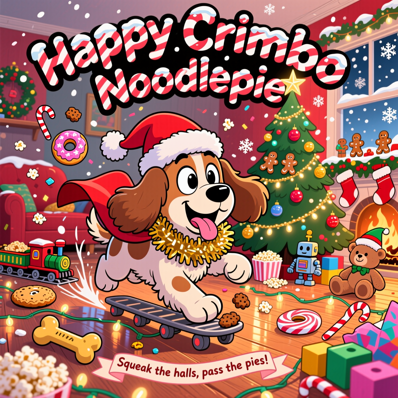 At the top of the Cartoon Style image, “Happy Crimbo Noodlepie” in big candy-cane striped bubble letters with snowy sparkle, thick black outline, gently arched across the scene.

A riotously funny Christmas living room in playful Cartoon Style: center stage, a gleeful floppy‑eared cocker spaniel with gigantic sparkly eyes, a Santa hat too big for its head, and a tinsel scarf billowing like a superhero cape. The spaniel skids across a shiny wooden floor, tangled in fairy lights, tongue lolling, cookie crumbs on its muzzle, one ear accidentally looped through a ring doughnut. Exaggerated proportions and energetic motion swooshes. Around the dog, a whirlwind of SNACKS and TOYS: a toy train chugs around the tree hauling gingerbread men, mince pies, and popcorn; a squeaky rubber bone, a wind‑up robot, a plush teddy in an elf hat, and colorful blocks spring from burst wrapping paper; candy canes spin in the air; a popcorn garland scatters like snowy confetti. Towering Christmas tree glowing with baubles and a star topper, stockings by a crackling fireplace, snowflakes drifting past a window. Bright saturated reds, greens, golds, and candy pinks; thick bold outlines; glossy highlights and soft cozy shadows; whimsical, high-energy poses and cheeky expressions.

At the bottom of the Cartoon Style image, a small playful hand-lettered caption on a ribbon banner: Squeak the halls, pass the pies!
Generated with these themes: Snacks, toys, spaniel, and .
Made with ❤️ by AI.