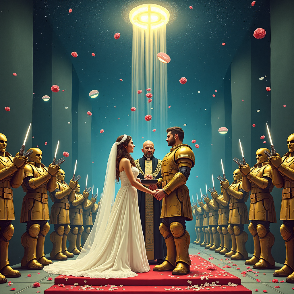**Image Prompt:**  

At the top of the illustration image: *“For the Emperor’s Love — Congrats, Scott & Tasha!”*  

A surreal, richly detailed illustration of a Warhammer 40K-inspired wedding ceremony, set aboard a floating cathedral-ship drifting through a cosmic void. Scott & Tasha stand at the altar—dressed in baroque, golden power armor with filigree detailing, holding plasma-infused wedding rings glowing with ancient runes. A squad of flower-throwing cherub-servitors buzzes around them, showering the couple with glowing petals and mechanical confetti. The priest officiant is a robed Tech-Priest Mechanicus holding an illuminated chainsword cross.  

In the background, loyal Space Marines play ceremonial trumpets made from re-purposed lascannons while a Titan strides in the distance, draped in white lace veils and streaming “JUST MARRIED” banners from its reactor vents. Stars spiral into rose patterns across the warp-lit sky, and floating purity seals drift gently past like jellyfish.  

Mood: Surreal, majestic, tongue-in-cheek — a bizarrely romantic moment preserved in the heat of battle.
Generated with these themes: Warhammer .
Made with ❤️ by AI.