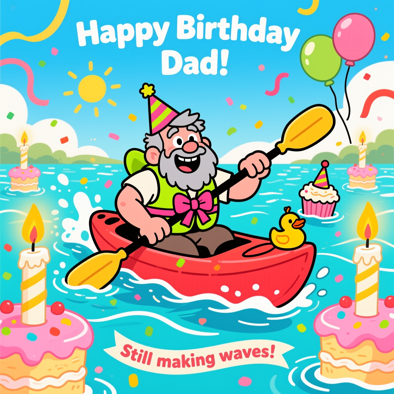 At the top of the Cartoon Style image, Happy Birthday Dad!

A bold, funny, high-energy cartoon scene: an older man with a grey beard and grey hair joyfully paddling a bright red kayak through a wavy “cake-lake” of frosting-blue water, slaloming between giant birthday candles used as buoys. He has a big, cheeky grin, twinkly eyes, and laugh lines; he wears a skewed party hat and a neon life vest tied with an oversized gift-bow. Exaggerated proportions, thick black outlines, and saturated colors (turquoise water with sprinkle-confetti splashes, sunshine yellow highlights, hot pink, coral, and lime accents). Dynamic motion lines around the paddle and splash arcs; soft glow around the tall candles. Silly details: a rubber duck in a tiny party hat cheering from a cupcake buoy, balloons bobbing in the sky, streamers fluttering. Clear vertical composition with the paddler as the star, playful vector-style cel shading, and a bright, upbeat mood.

At the bottom, a small playful caption on a curved ribbon: Still making waves!
Generated with these themes: Racing K1 kayak, Antiques, DIY, Shed, and .
Made with ❤️ by AI.