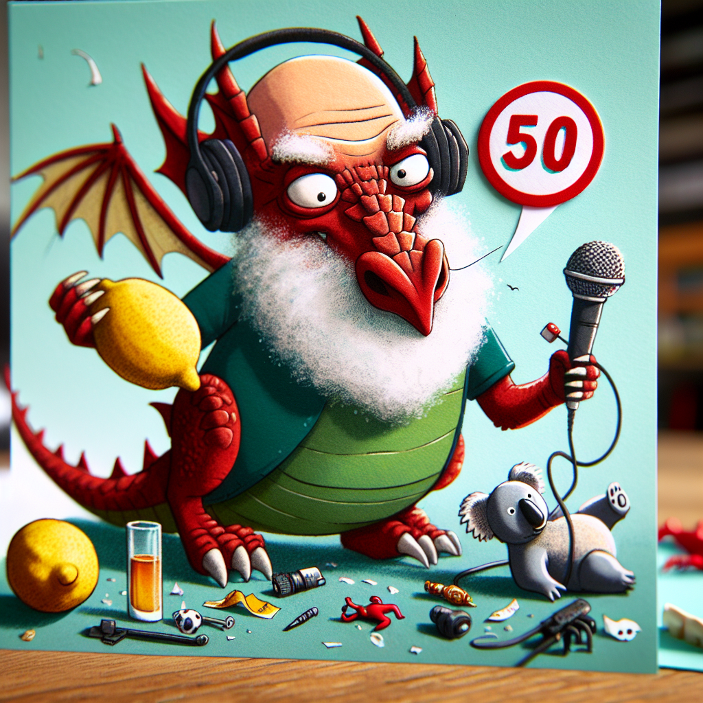 Imagine a quirky scene on a birthday card, focusing on a humorously depicted Welsh dragon, bald, with a prominent beard, proudly wearing a badge marking '50'. The dragon clutches a lemon in one claw, a little nod to its clumsiness, and a pair of headphones around its neck, indicating a slightly unsuccessful attempt at podcasting. Scattered around the dragon are various fallen toy collectibles, adding to the whimsy. Also present in the scene is a slightly confused koala bear, who is holding a microphone as if it were a dear toy. This entertaining scene is chock-full of humor, playful accidents, and personal interests, providing a lighthearted interpretation of a 50th birthday celebration.
Generated with these themes: Welsh dragon 50th bald beard pod casting accident prone toy collectibles kola bear lemon.
Made with ❤️ by AI.